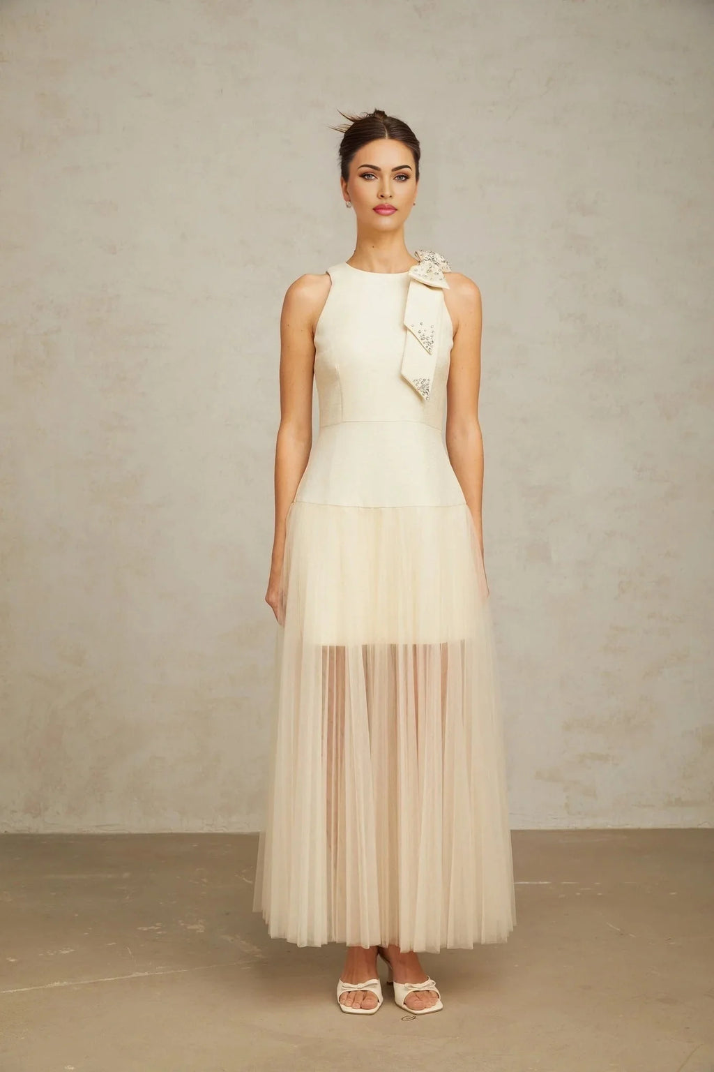 Landry Midi Dress White Tulle Bow Crystal Accent Zip Ankle - Length