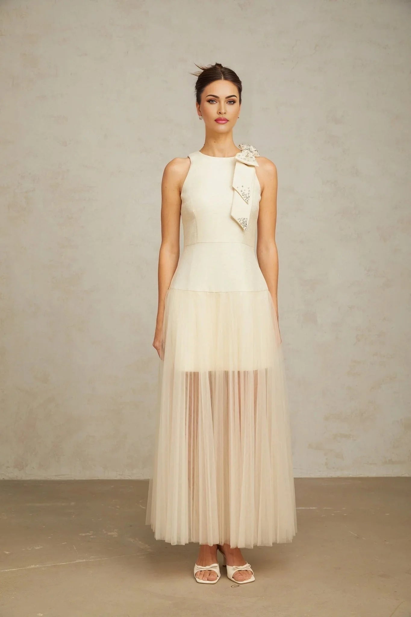 Landry Midi Dress White Tulle Bow Crystal Accent Zip Ankle - Length