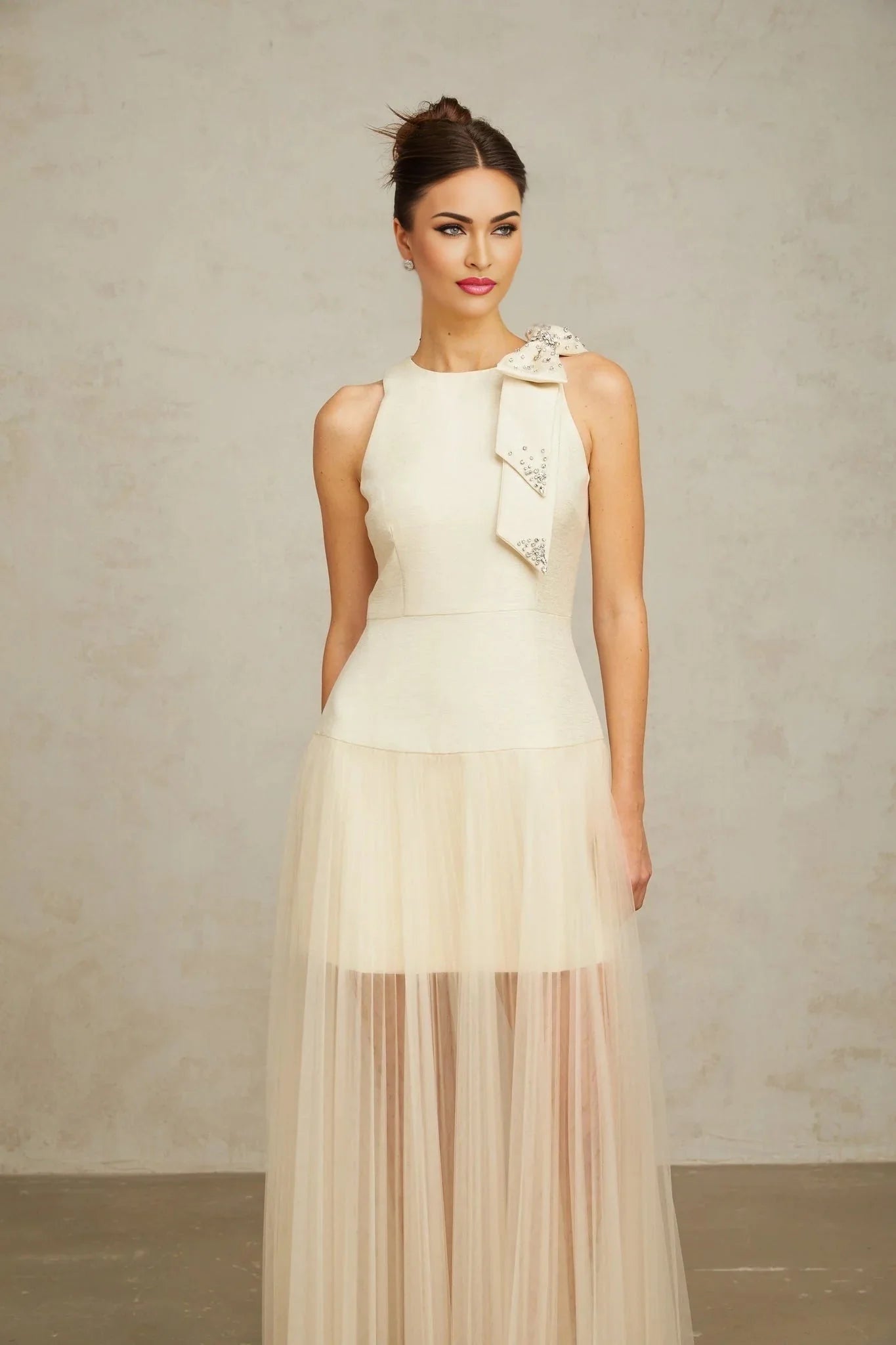 Landry Midi Dress White Tulle Bow Crystal Accent Zip Ankle - Length