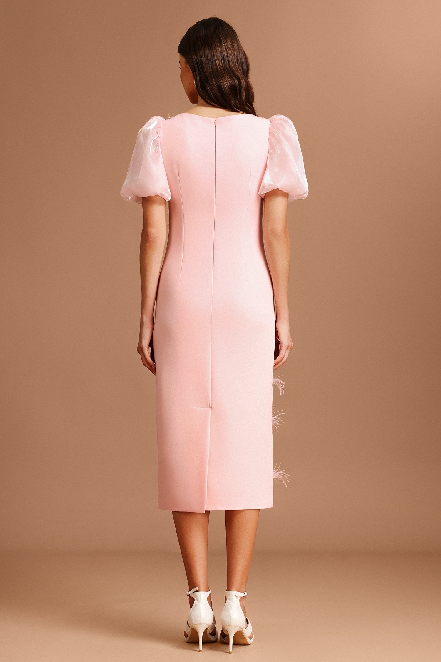 Landry Pink Midi Dress with Puff Sleeves and Feather Detailing