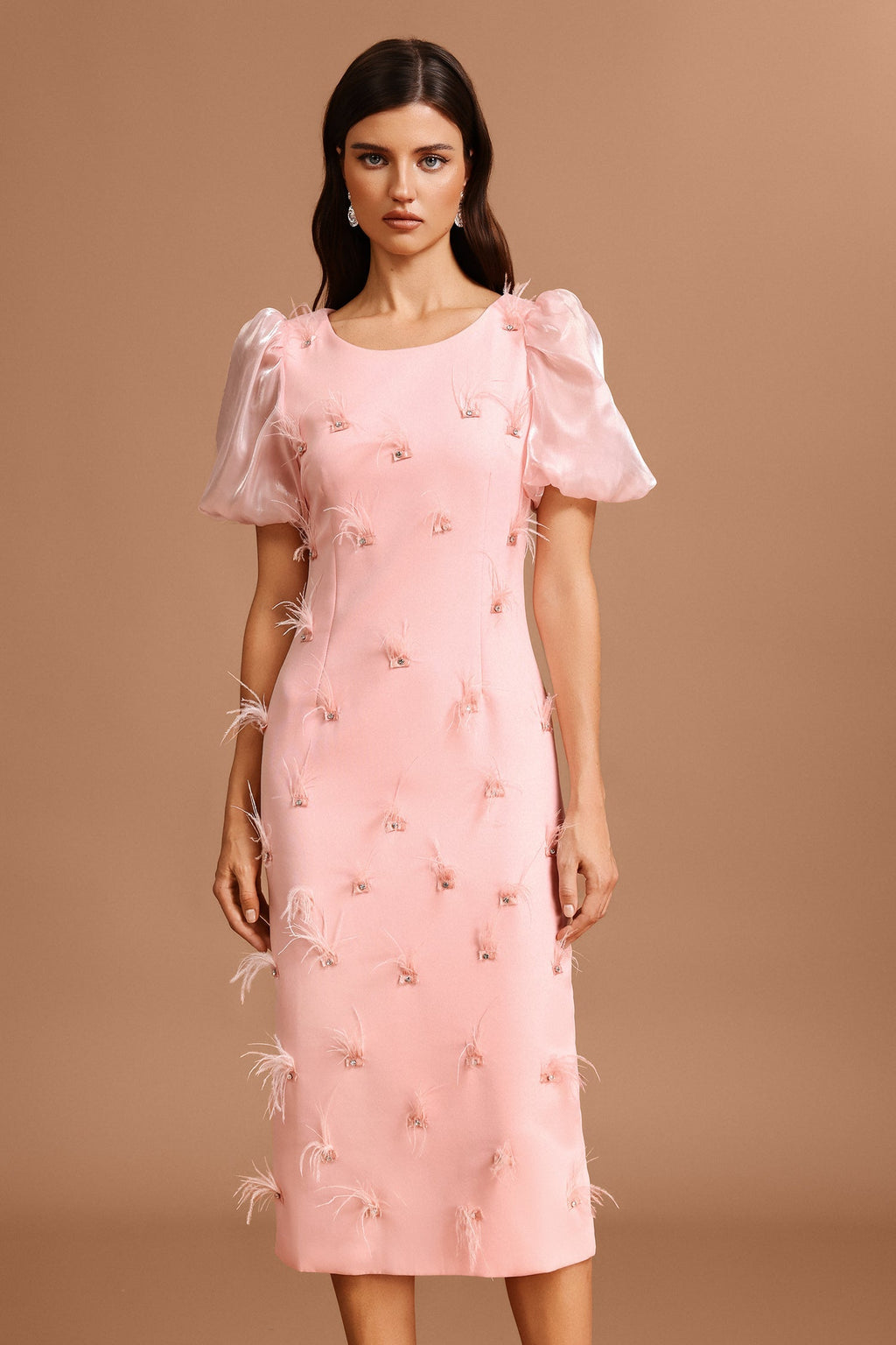 Landry Pink Puff Sleeve Feather Detail Midi Dress