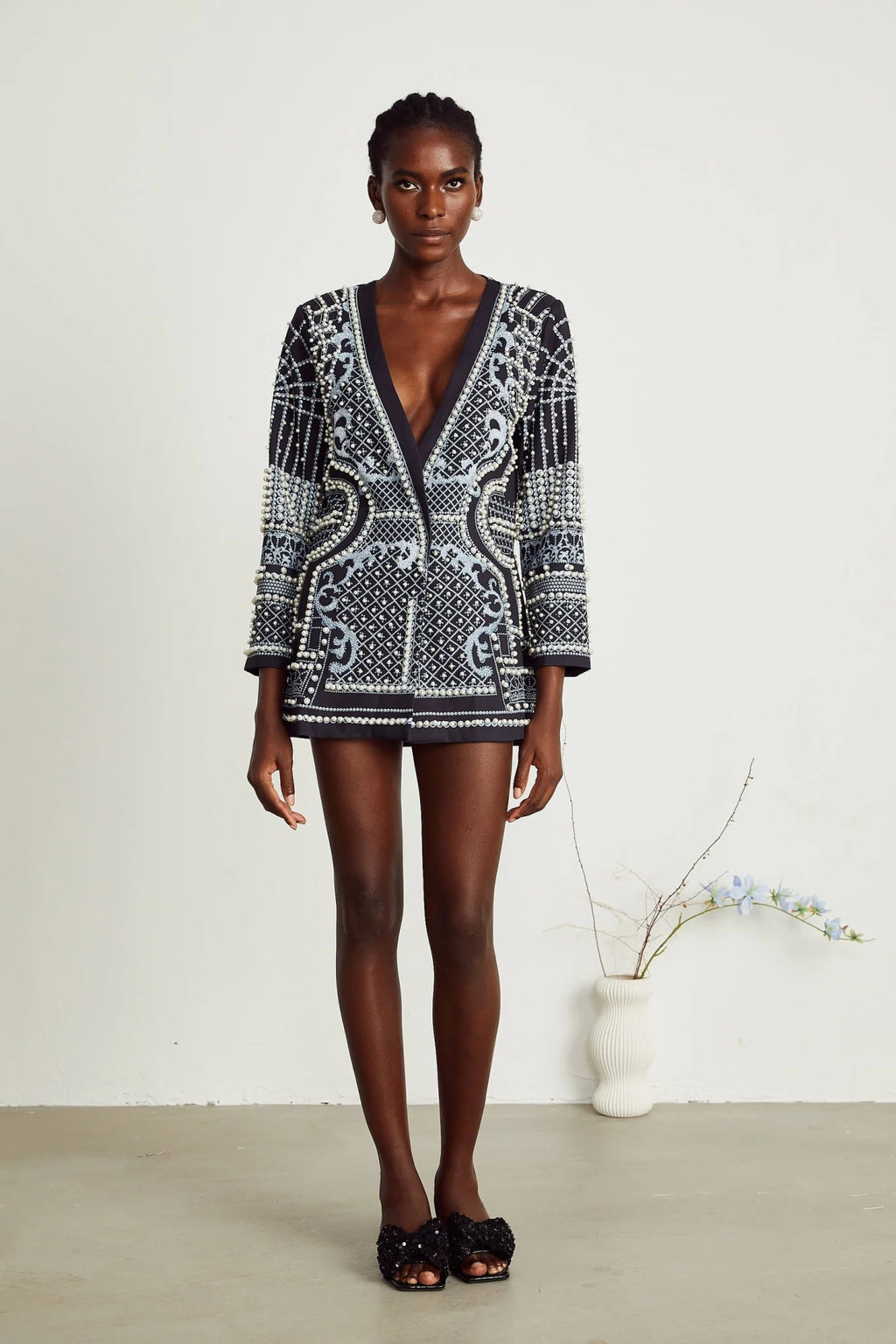 Laney Blazer Black & White Pattern VNeck Dress