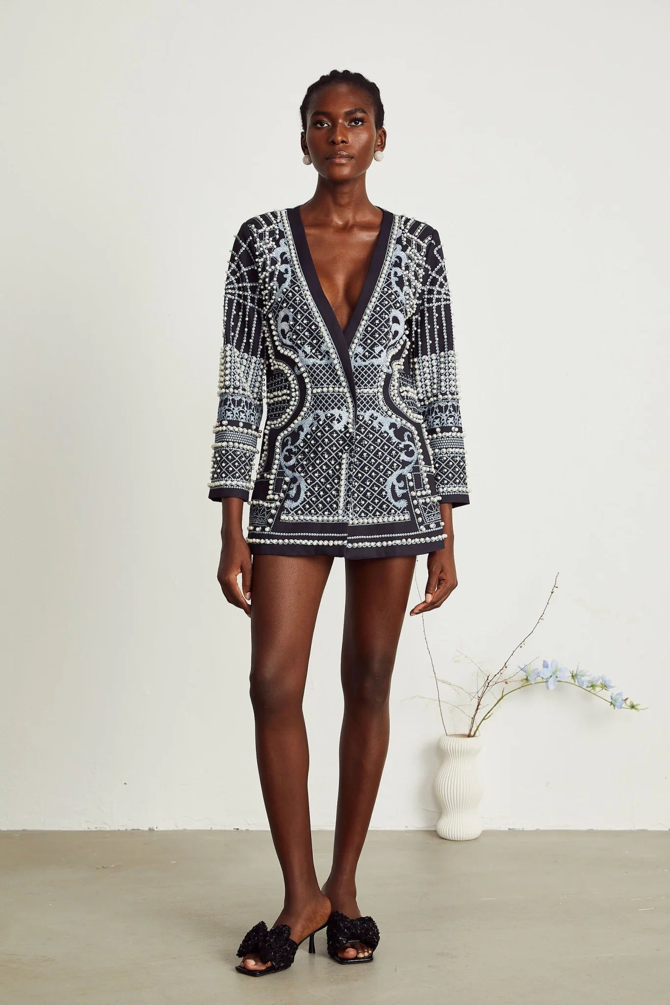 Laney Blazer Black & White Pattern VNeck Dress