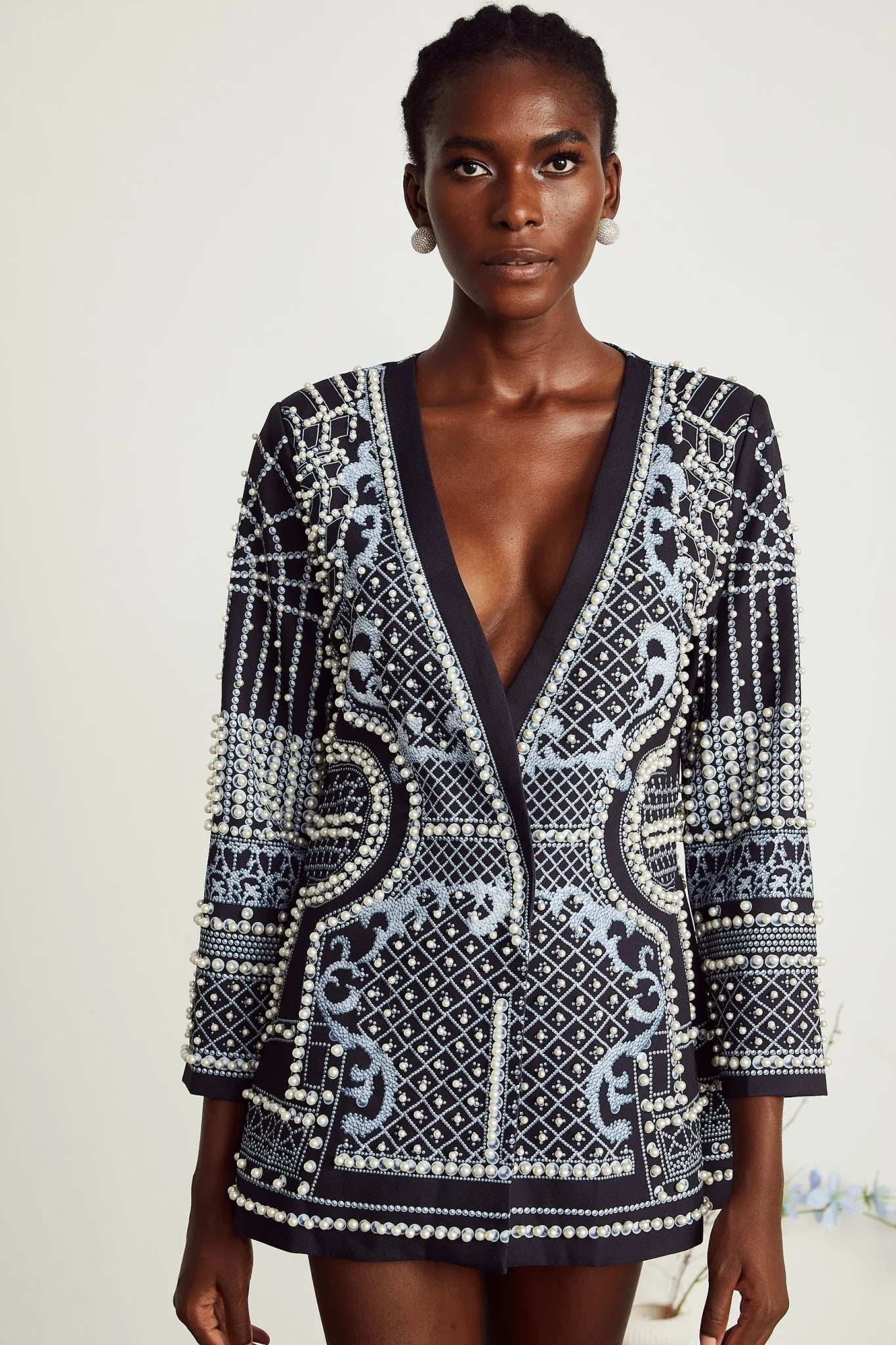 Laney Blazer Black & White Pattern VNeck Dress