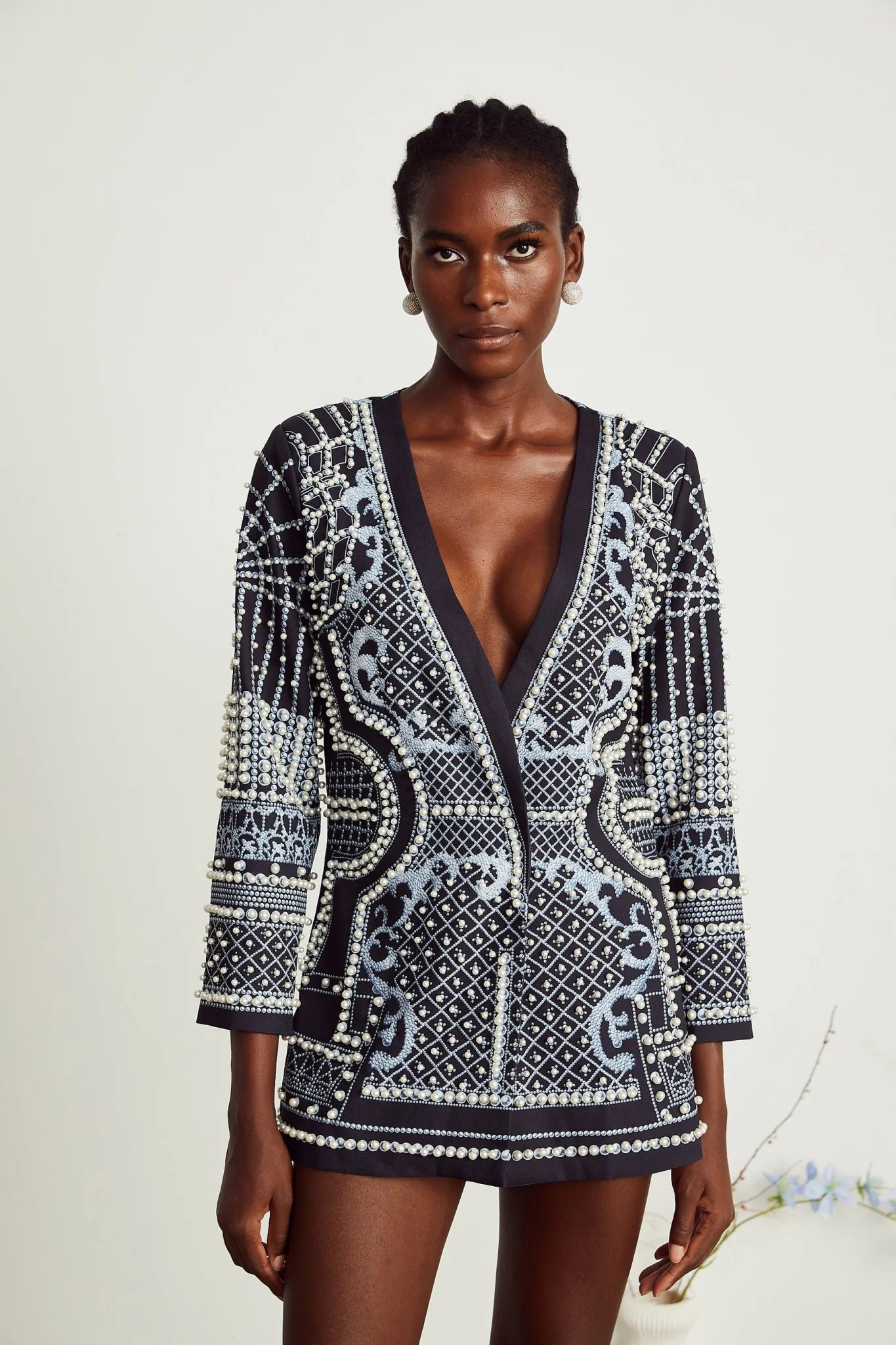 Laney Blazer Black & White Pattern VNeck Dress