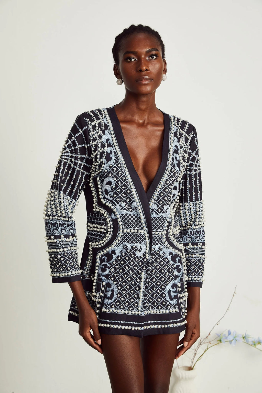 Laney Blazer Black & White Pattern VNeck Dress
