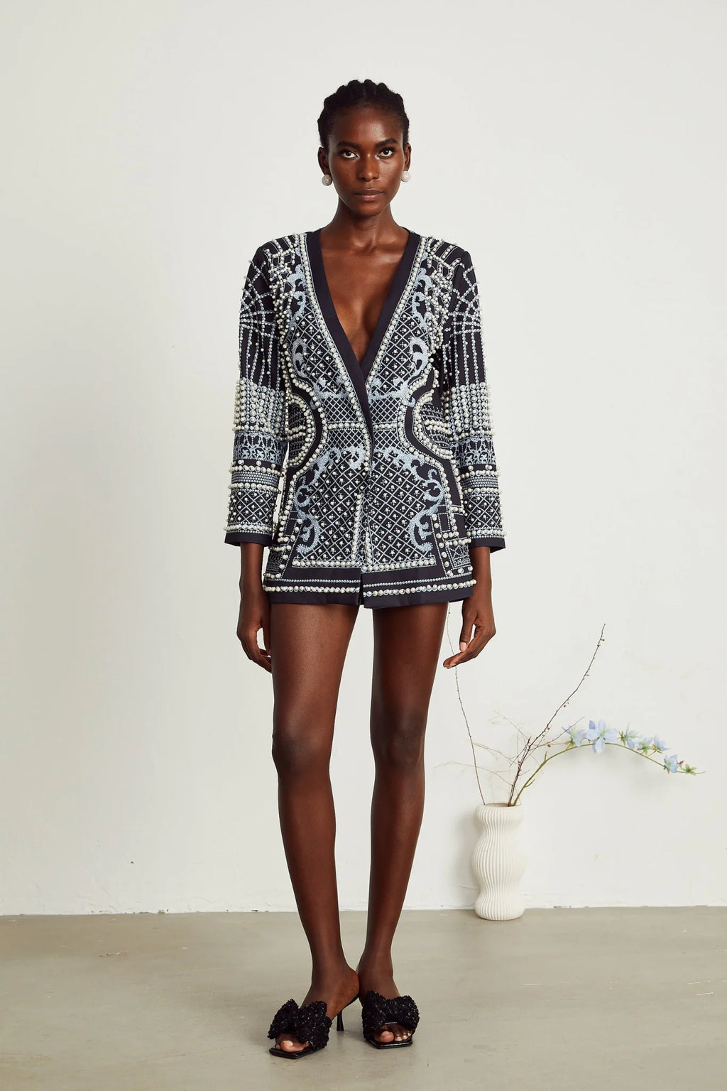 Laney Blazer Black & White Pattern VNeck Dress
