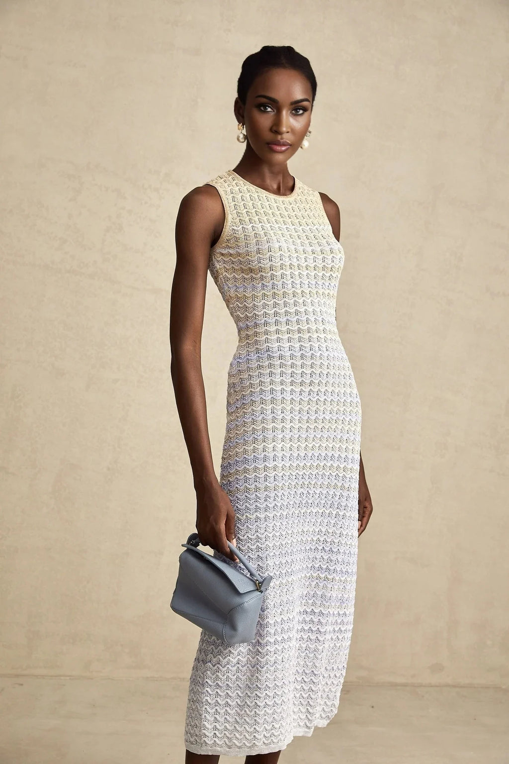Laney Midi Dress Neutrals & Blue Ribbed Knit Texture