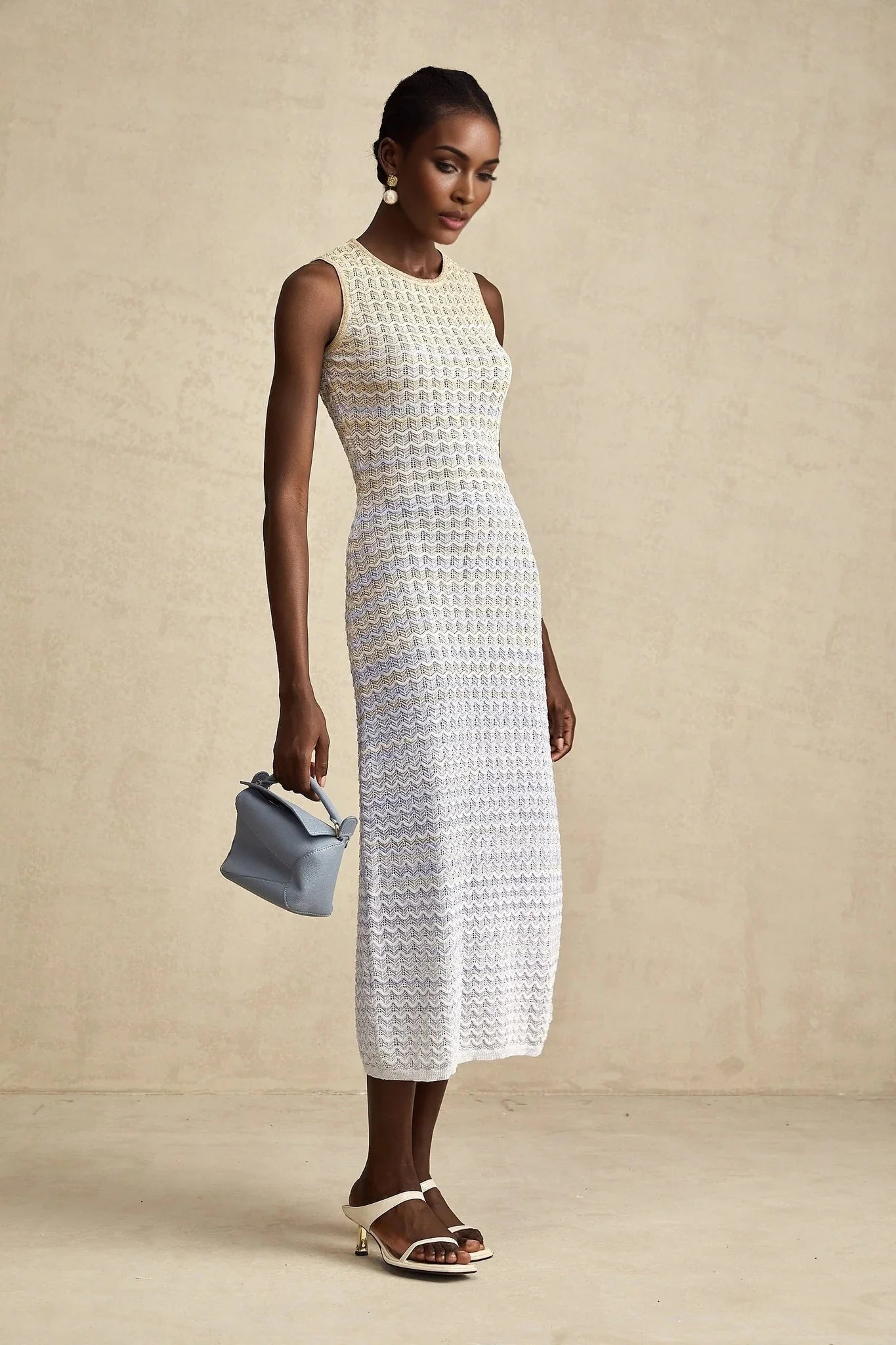 Laney Midi Dress Neutrals & Blue Ribbed Knit Texture