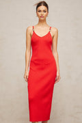 Laney Midi Dress Red Knit Pin Detail Calf Length