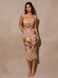 Laney Midi Dress - Strapless Neckline - Bodycon Fit - Elegant Style - Backless Ruched Split