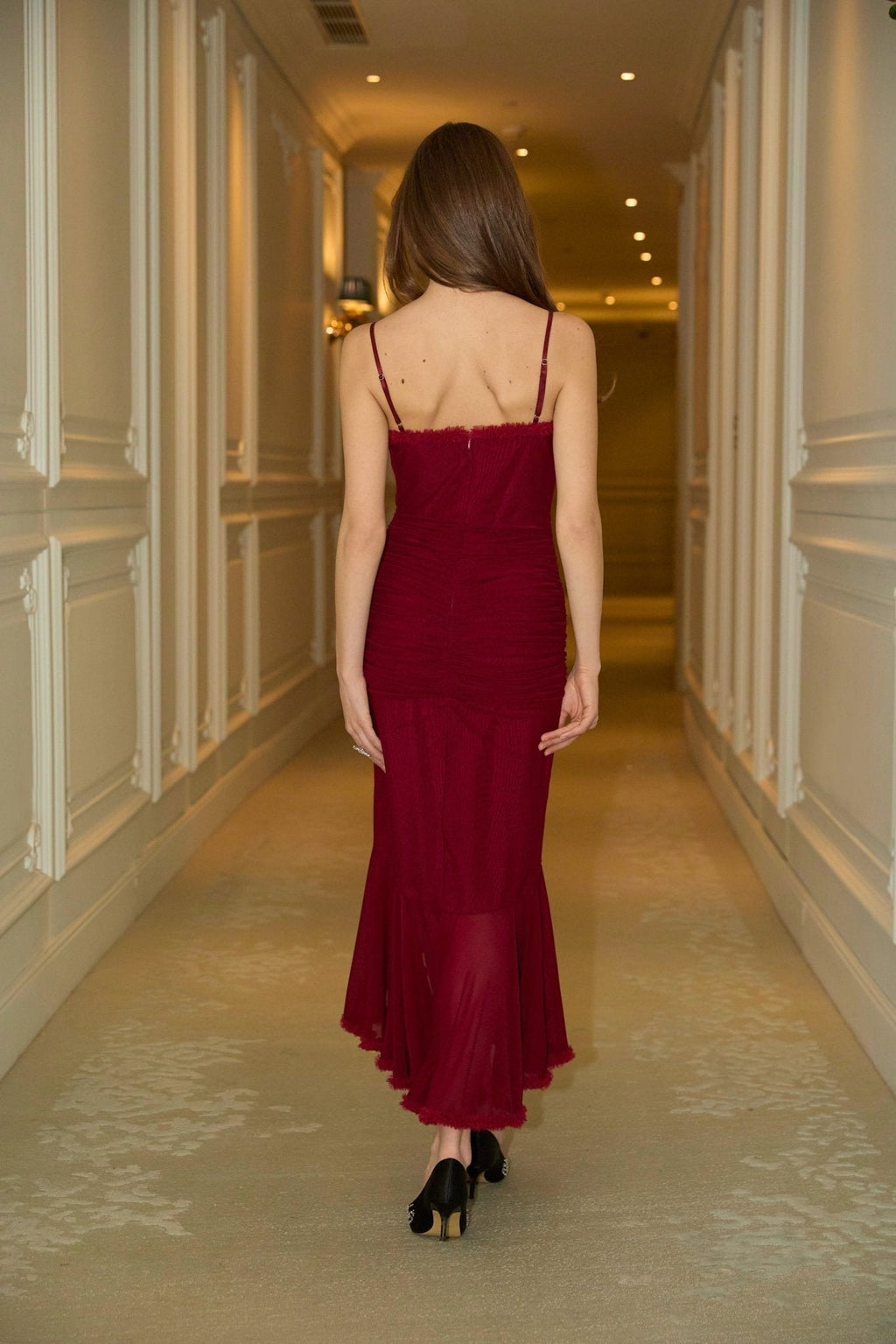 Laura Bold Red Maxi Dress with Sweetheart Neck and Front Slit