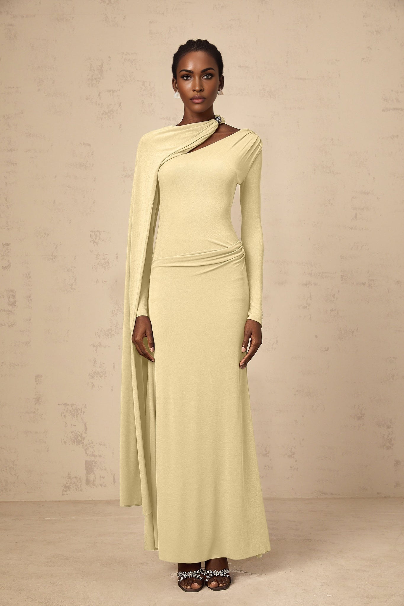 Laura Maxi Dress - Diagonal Shawl Draped Long Sleeves Silver Hardware Ruched Fitted Silhouette Zip Fastening Maxi Length