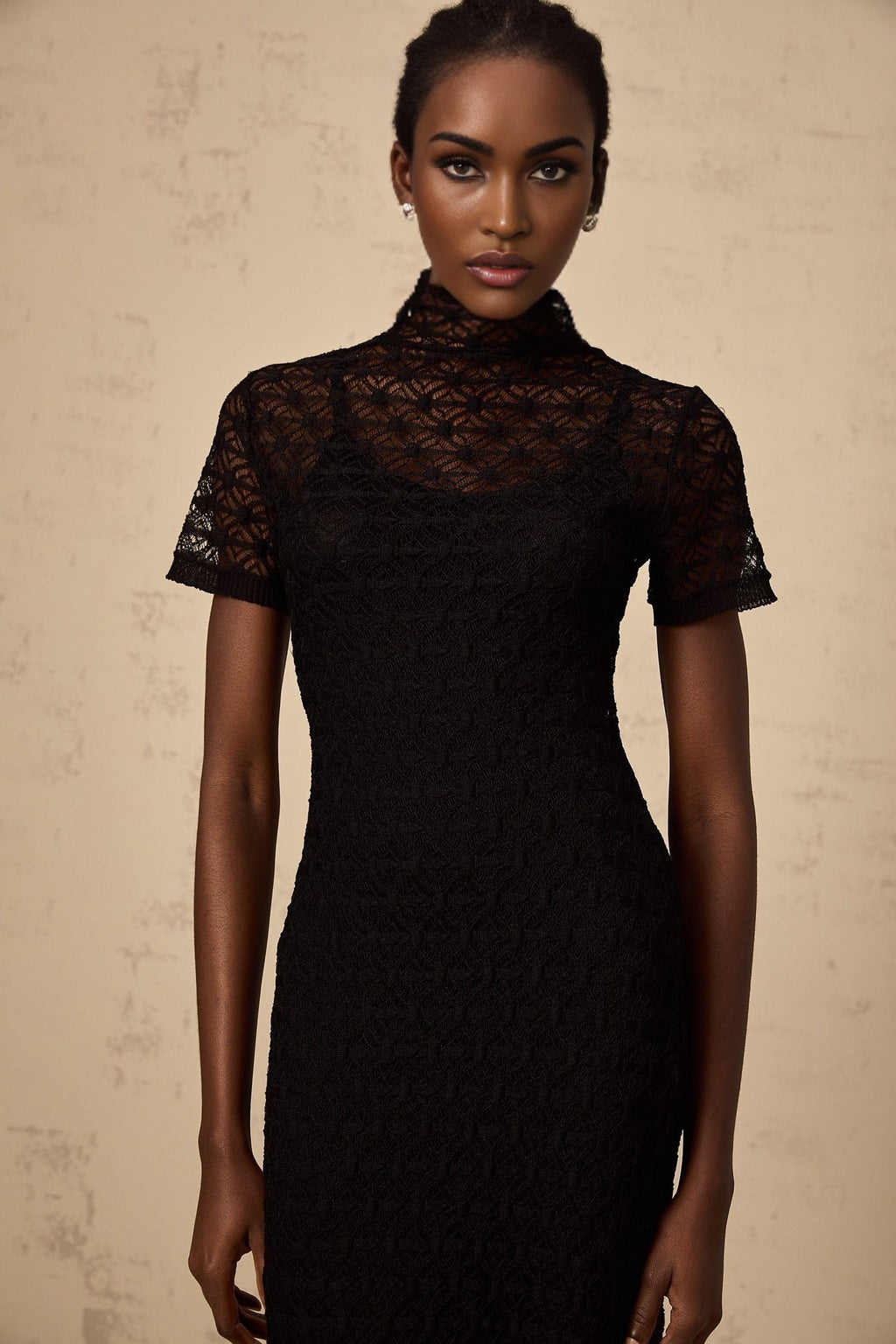 Laura Midi Dress Black Crochet Knit Semi Sheer flare & Slip On Style