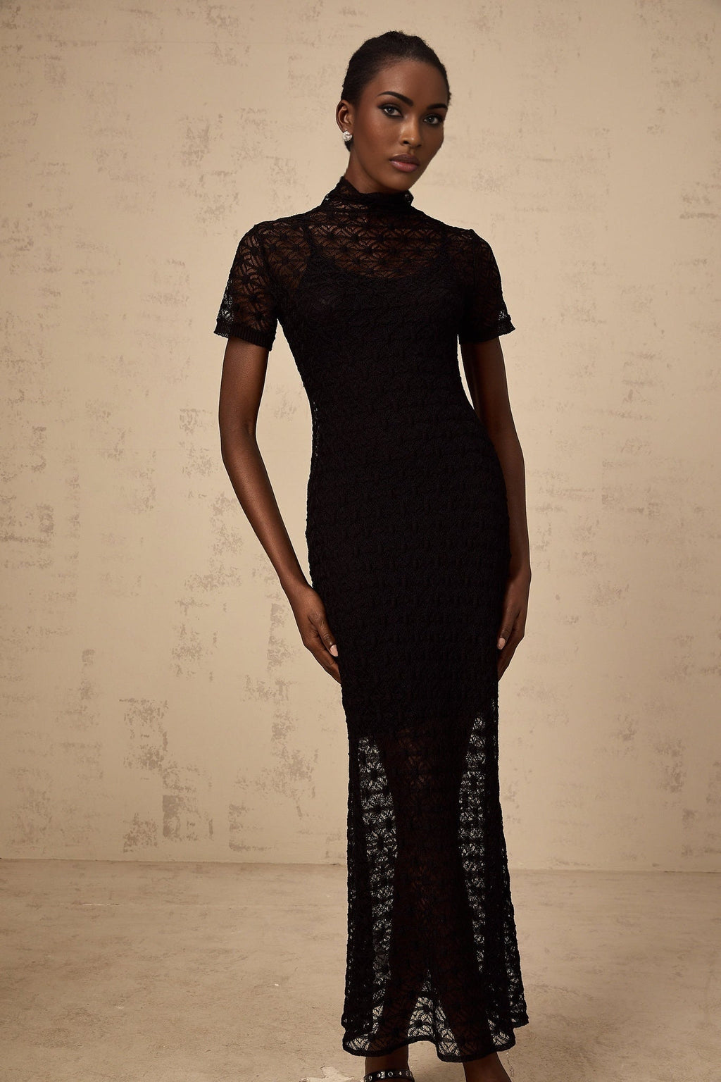 Laura Midi Dress Black Crochet Knit Semi Sheer flare & Slip On Style