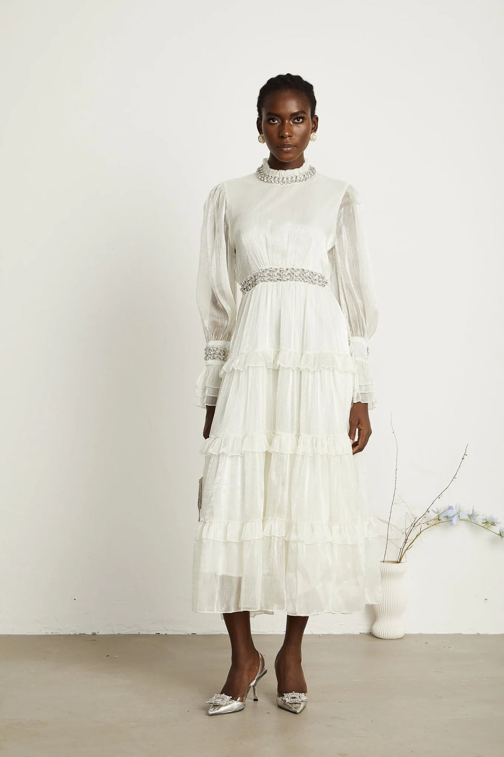 Laura Midi Dress White Crystal Sheer Sleeve Tiered Ruffled