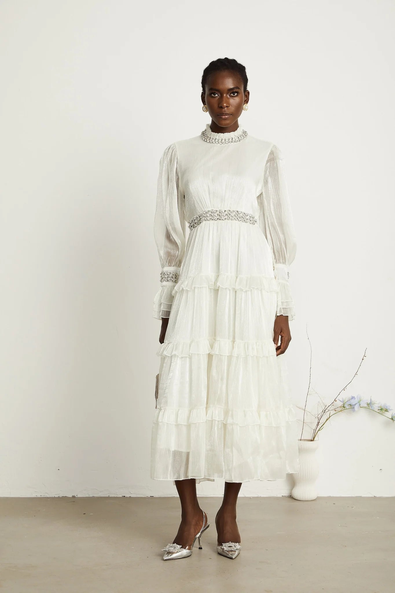 Laura Midi Dress White Crystal Sheer Sleeve Tiered Ruffled