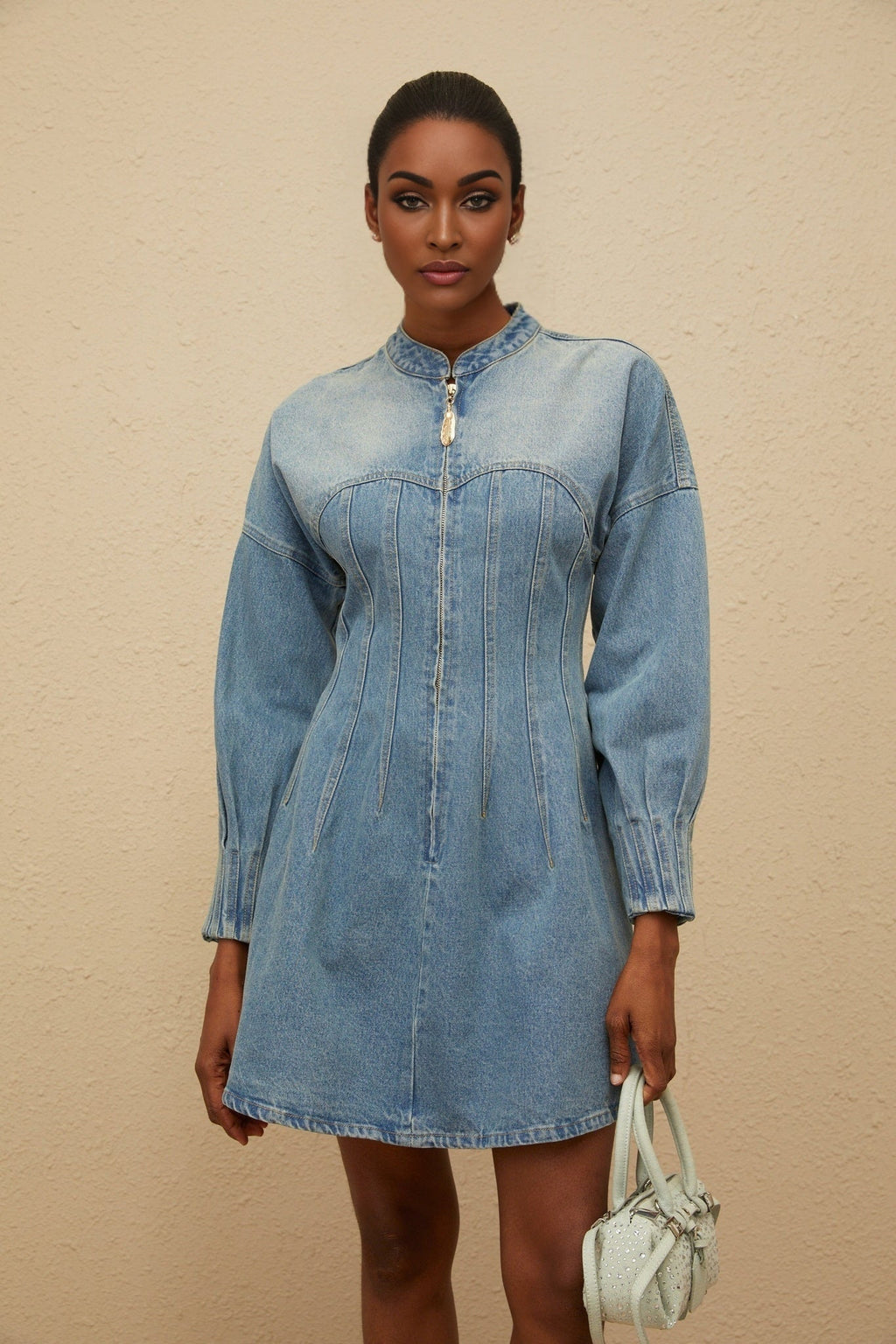 Laura Mini Dress - Denim - Crew Neck - Long Sleeves - Fitted Waistline - Flared Hem