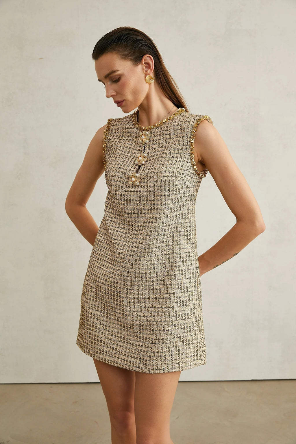 Laura Mini Dress Golden Tweed Sequin Crew Sleeveless Hem Zip