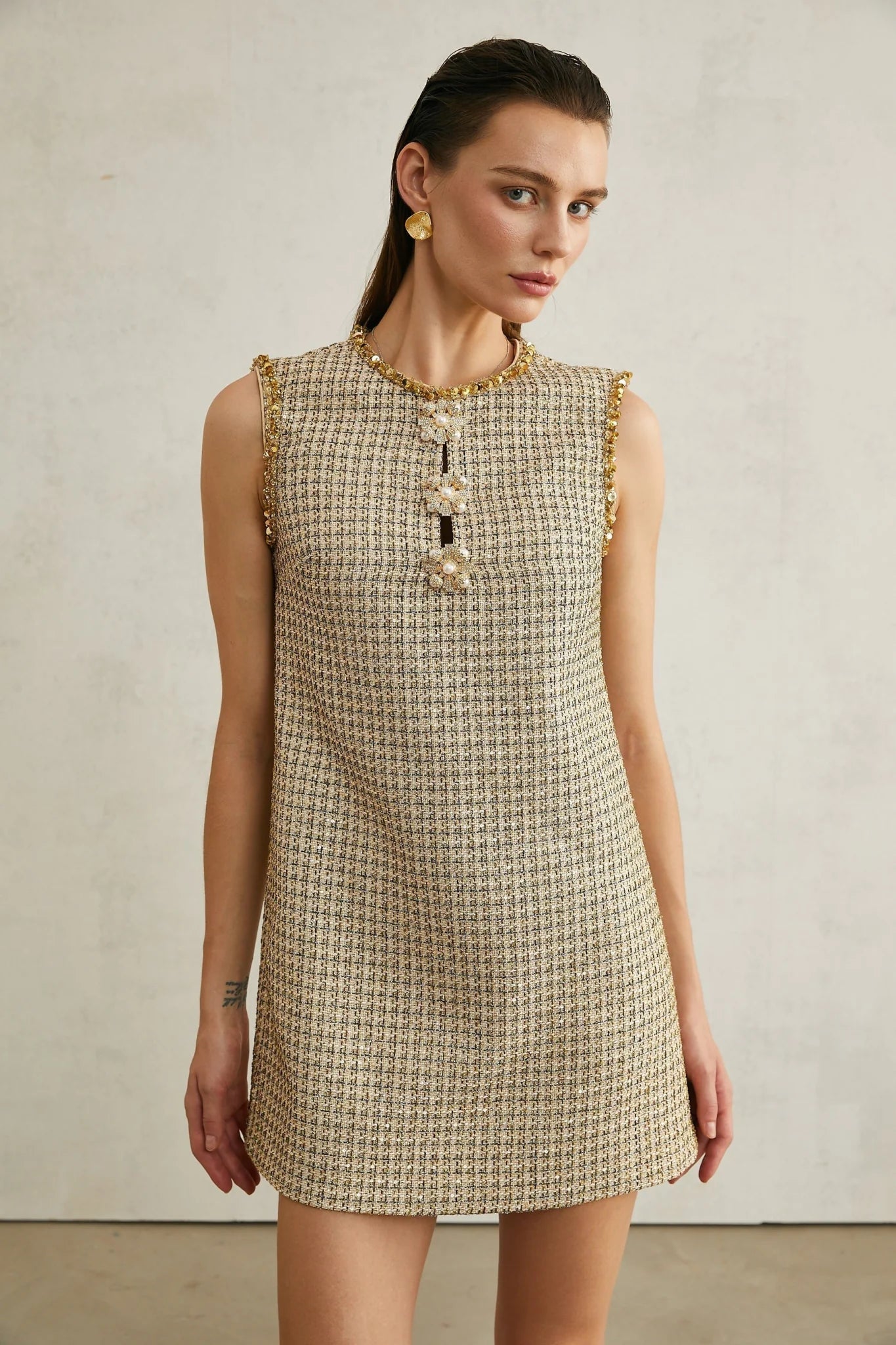 Laura Mini Dress Golden Tweed Sequin Crew Sleeveless Hem Zip