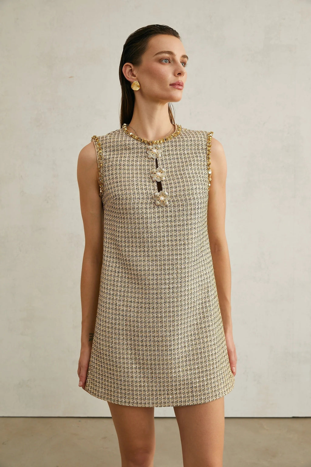 Laura Mini Dress Golden Tweed Sequin Crew Sleeveless Hem Zip