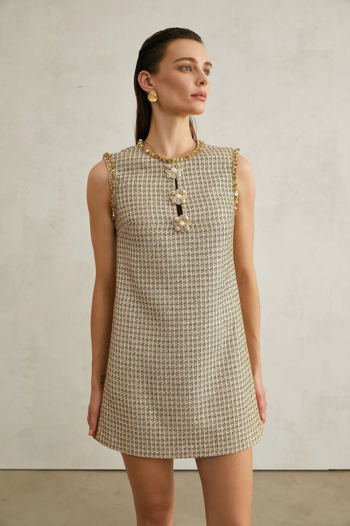 Laura Mini Dress Golden Tweed Sequin Crew Sleeveless Hem Zip