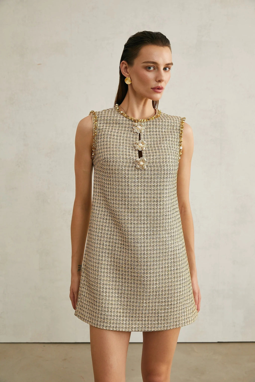 Laura Mini Dress Golden Tweed Sequin Crew Sleeveless Hem Zip