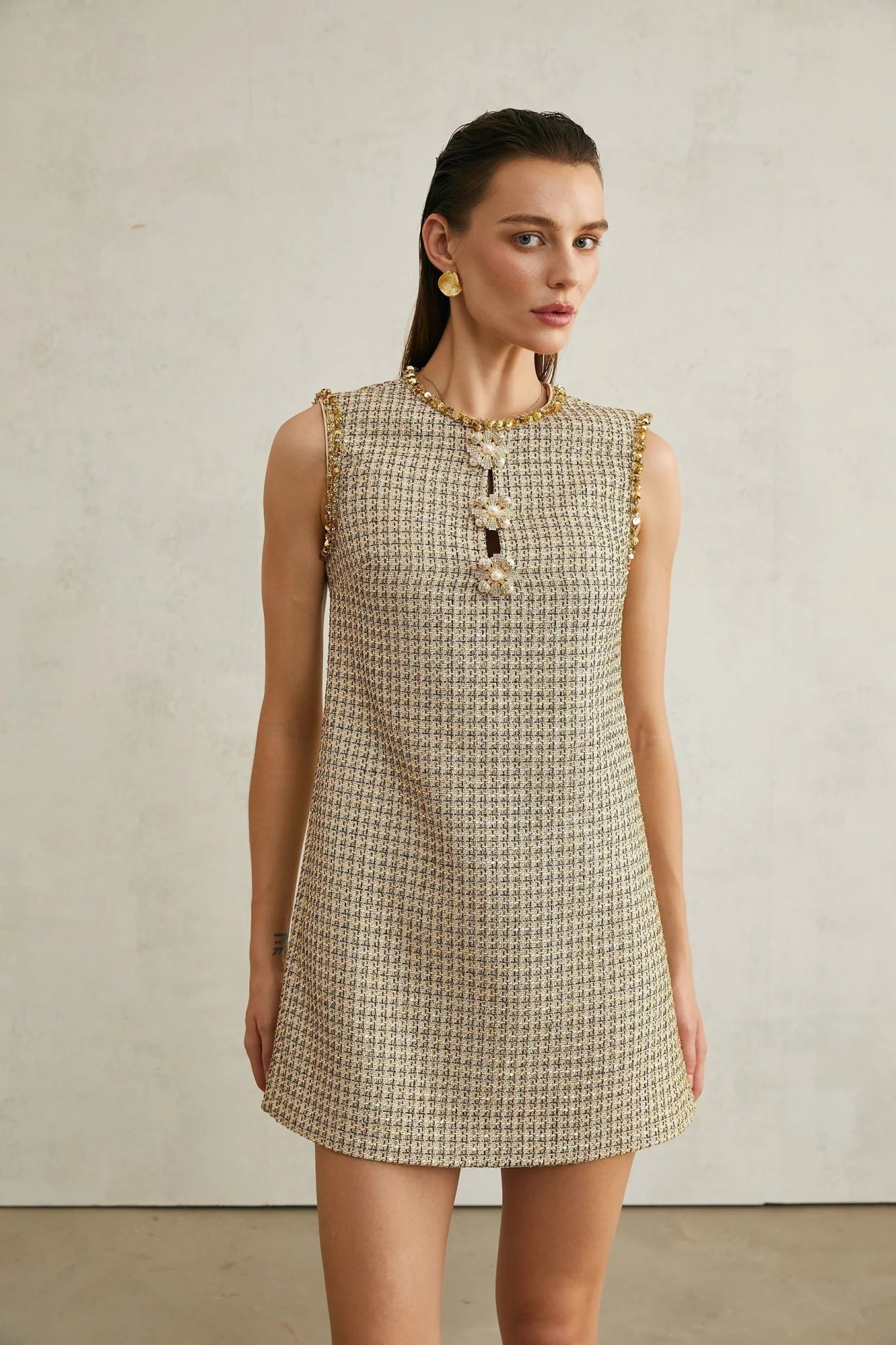 Laura Mini Dress Golden Tweed Sequin Crew Sleeveless Hem Zip
