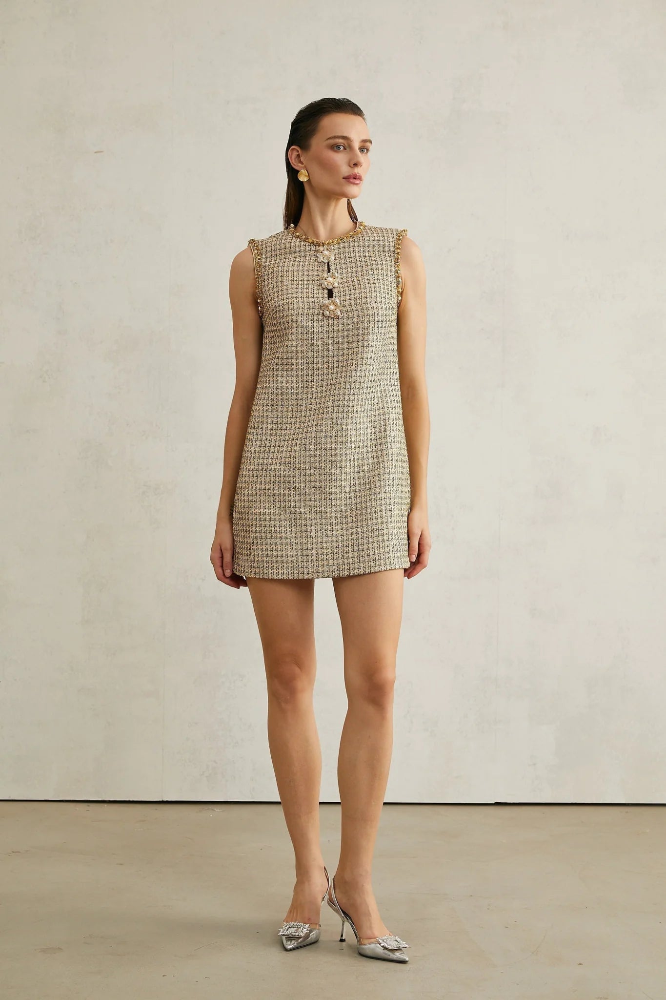 Laura Mini Dress Golden Tweed Sequin Crew Sleeveless Hem Zip