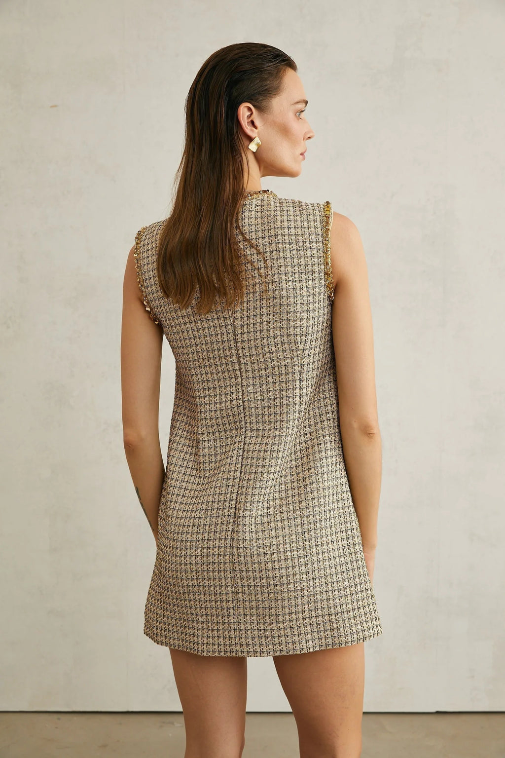 Laura Mini Dress Golden Tweed Sequin Crew Sleeveless Hem Zip