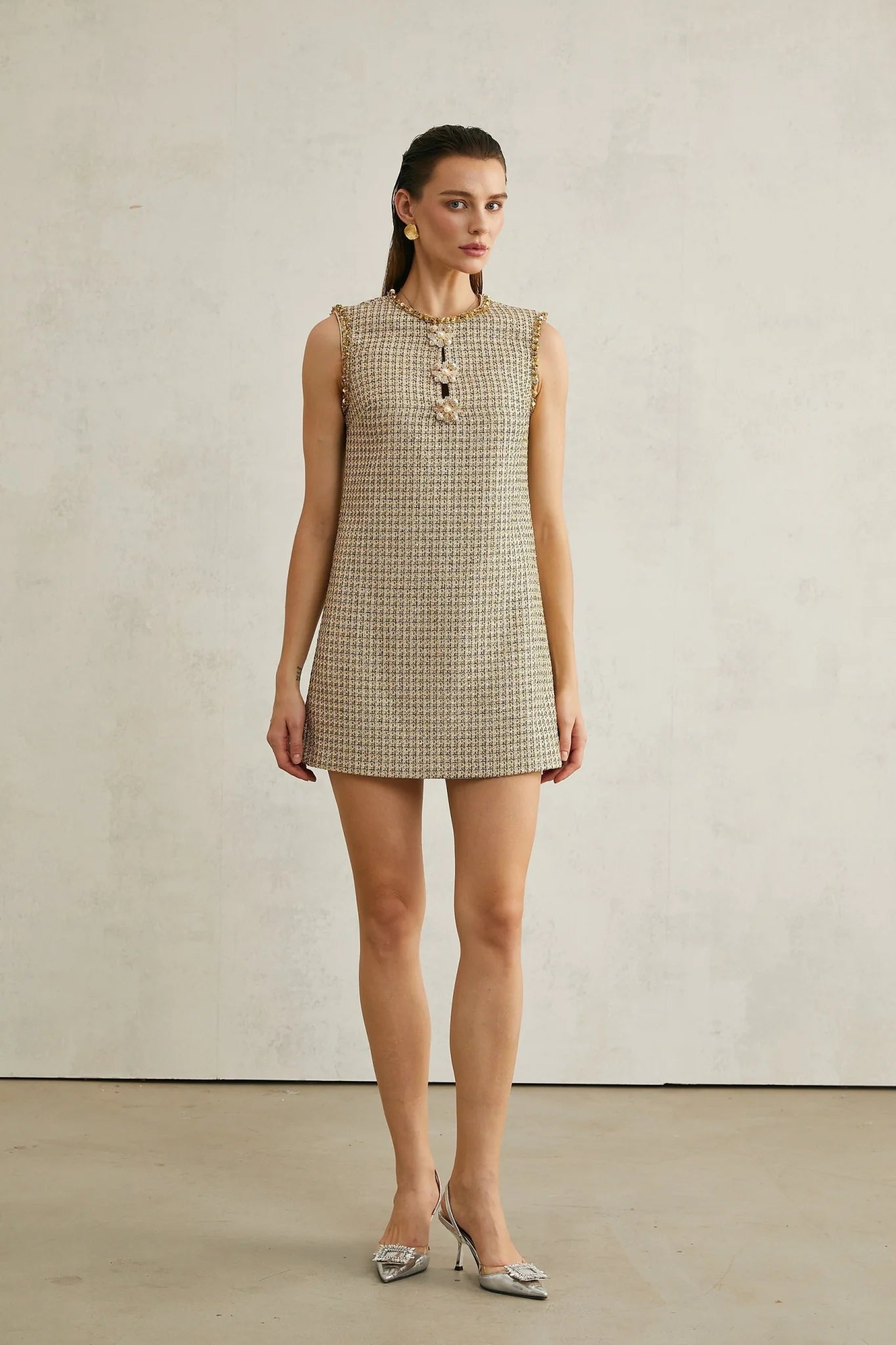 Laura Mini Dress Golden Tweed Sequin Crew Sleeveless Hem Zip