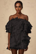 Laura Mini Dress Laura Asymmetric Ruffle Black Floral Applique