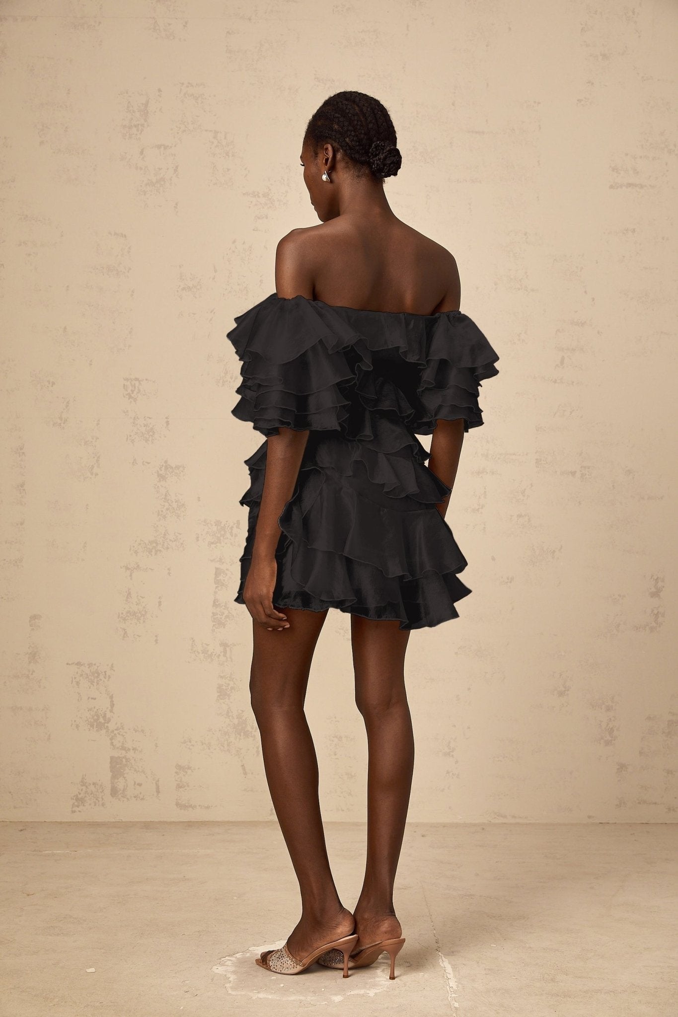 Laura Mini Dress Laura Asymmetric Ruffle Black Floral Applique