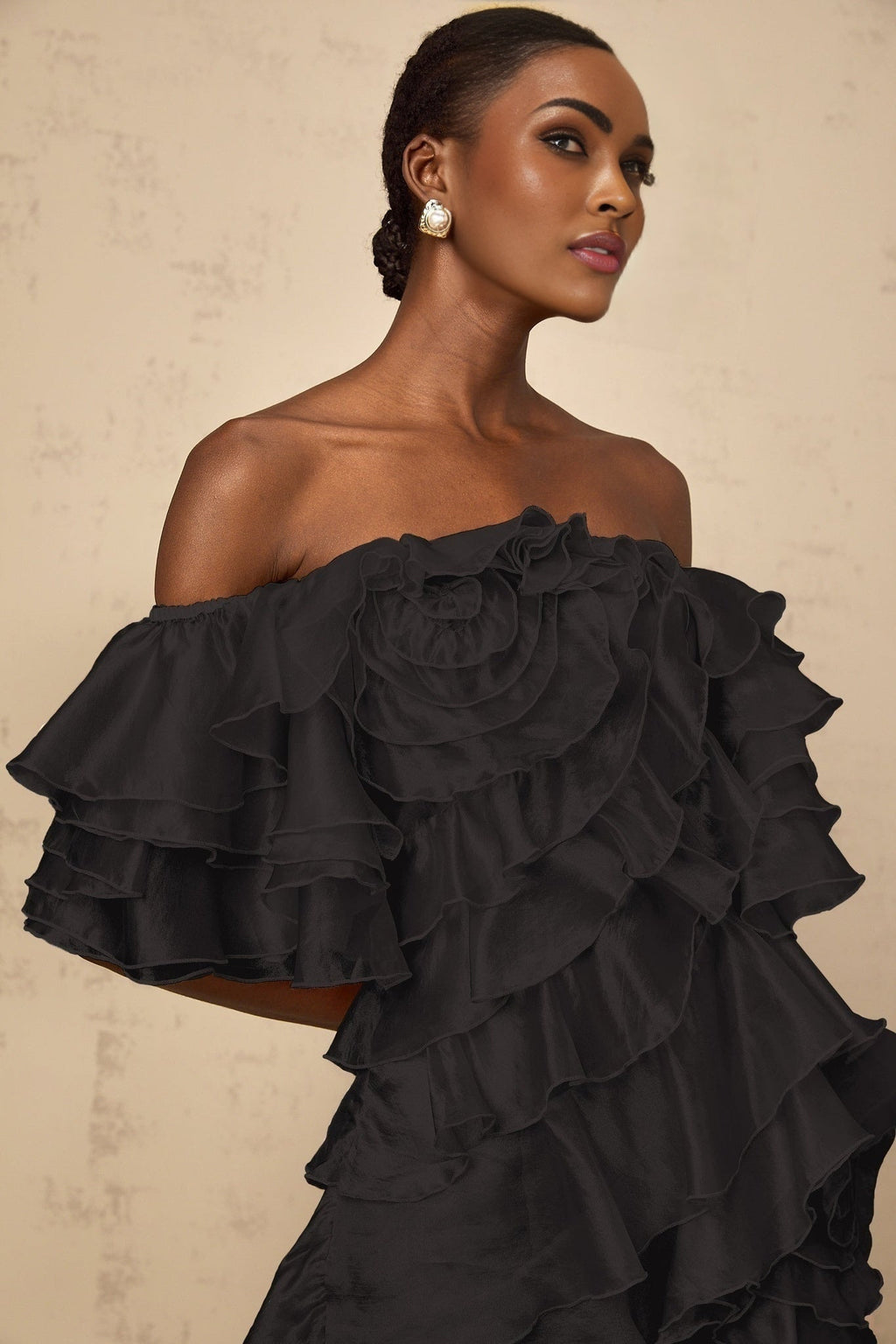 Laura Mini Dress Laura Asymmetric Ruffle Black Floral Applique