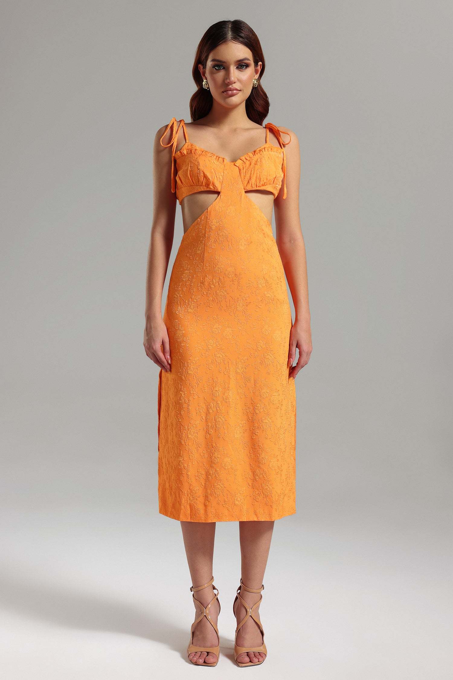 Laura Orange Floral Embroidered Halter Midi Dress