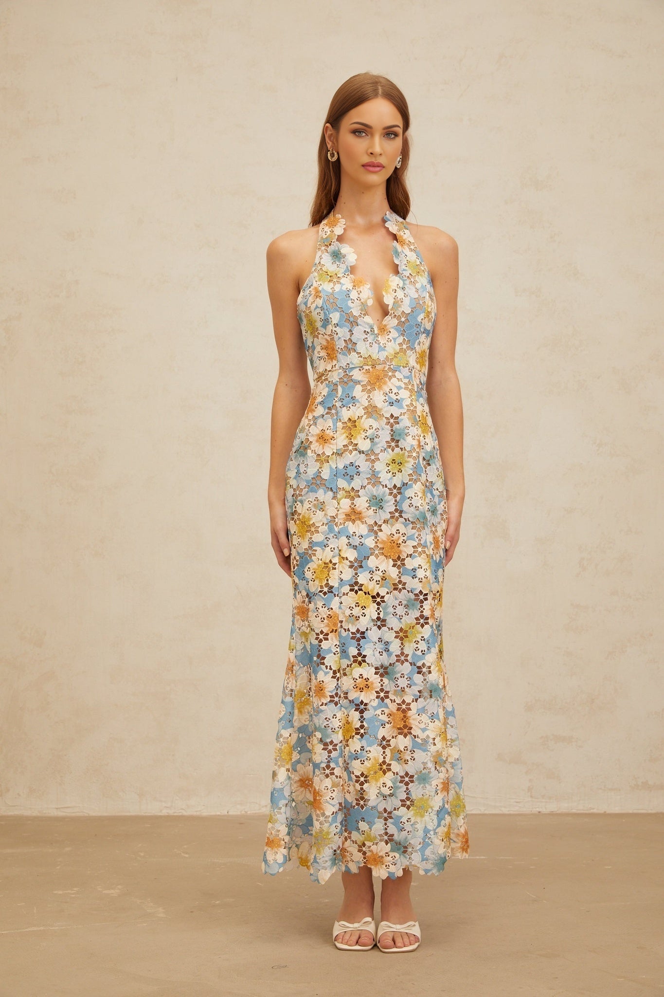 Lauretta Maxi Dress - Blue Floral Lace Cut - Out halter neck Sleeveless Open Back Fitted Flared Hem Elegant Chic Embroidery Fastening Feminine - Length Trendy