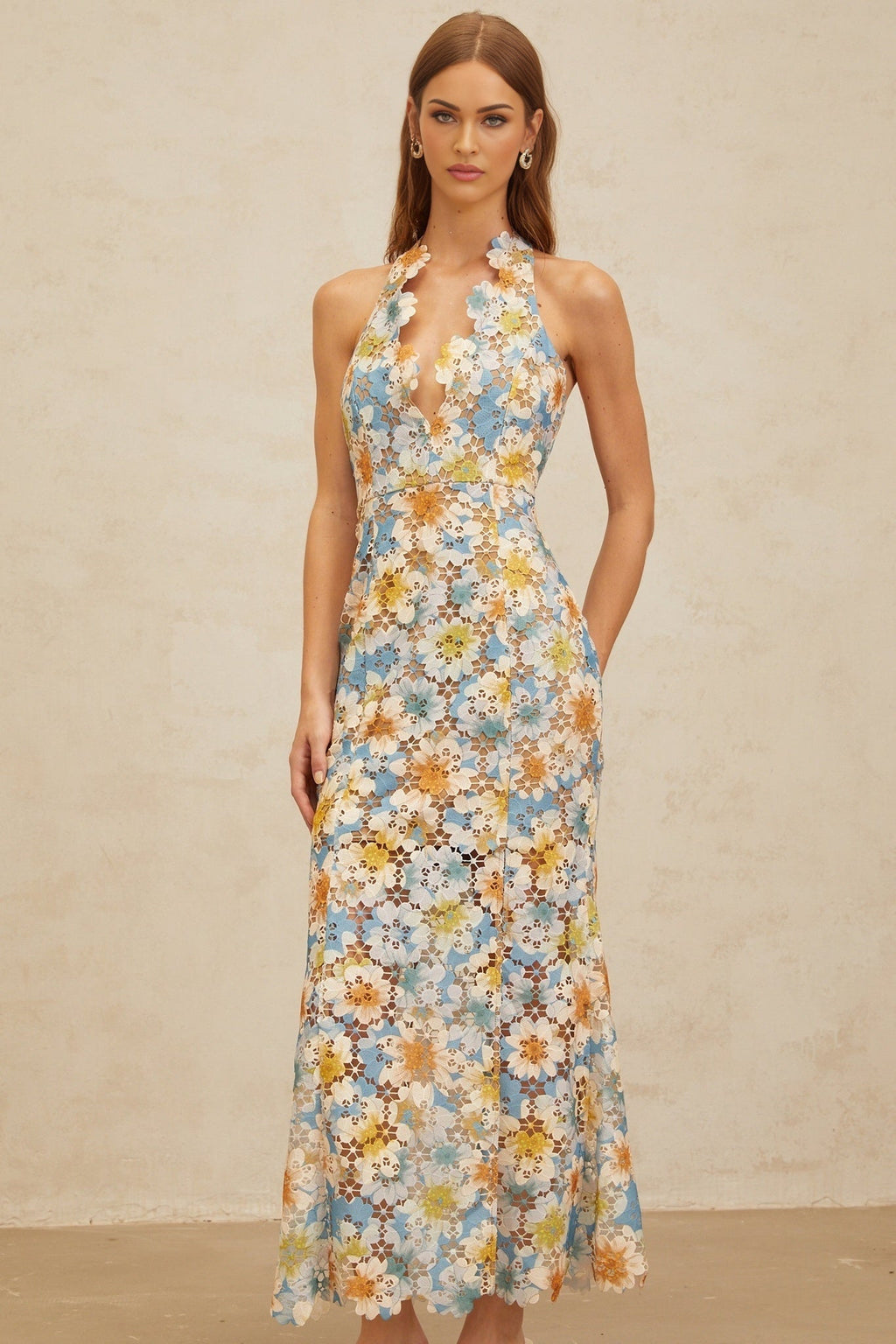 Lauretta Maxi Dress - Blue Floral Lace Cut - Out halter neck Sleeveless Open Back Fitted Flared Hem Elegant Chic Embroidery Fastening Feminine - Length Trendy