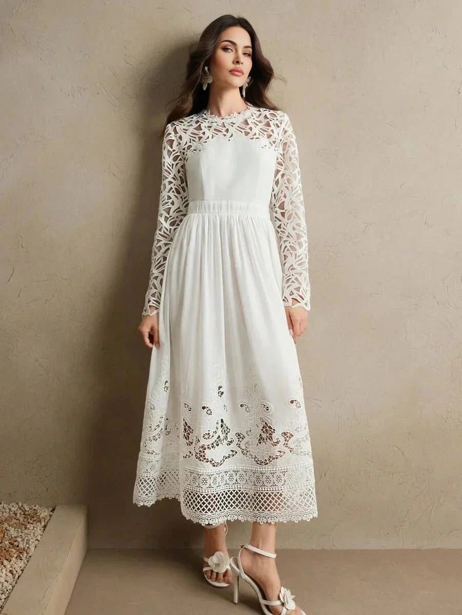 Lauretta Midi Dress - Round Neck - Formal & Evening - Regular Sleeve - High Waist - A Line