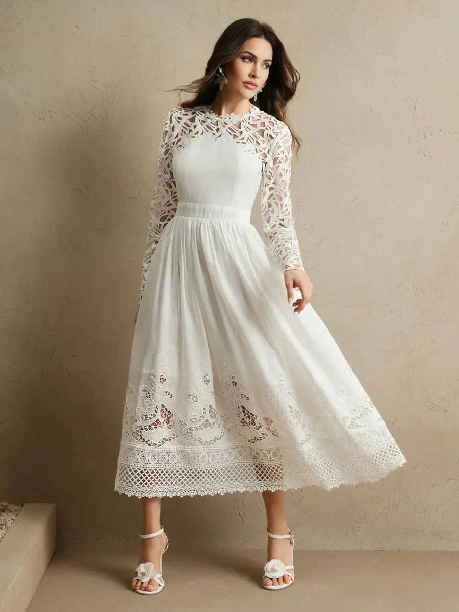 Lauretta Midi Dress - Round Neck - Formal & Evening - Regular Sleeve - High Waist - A Line