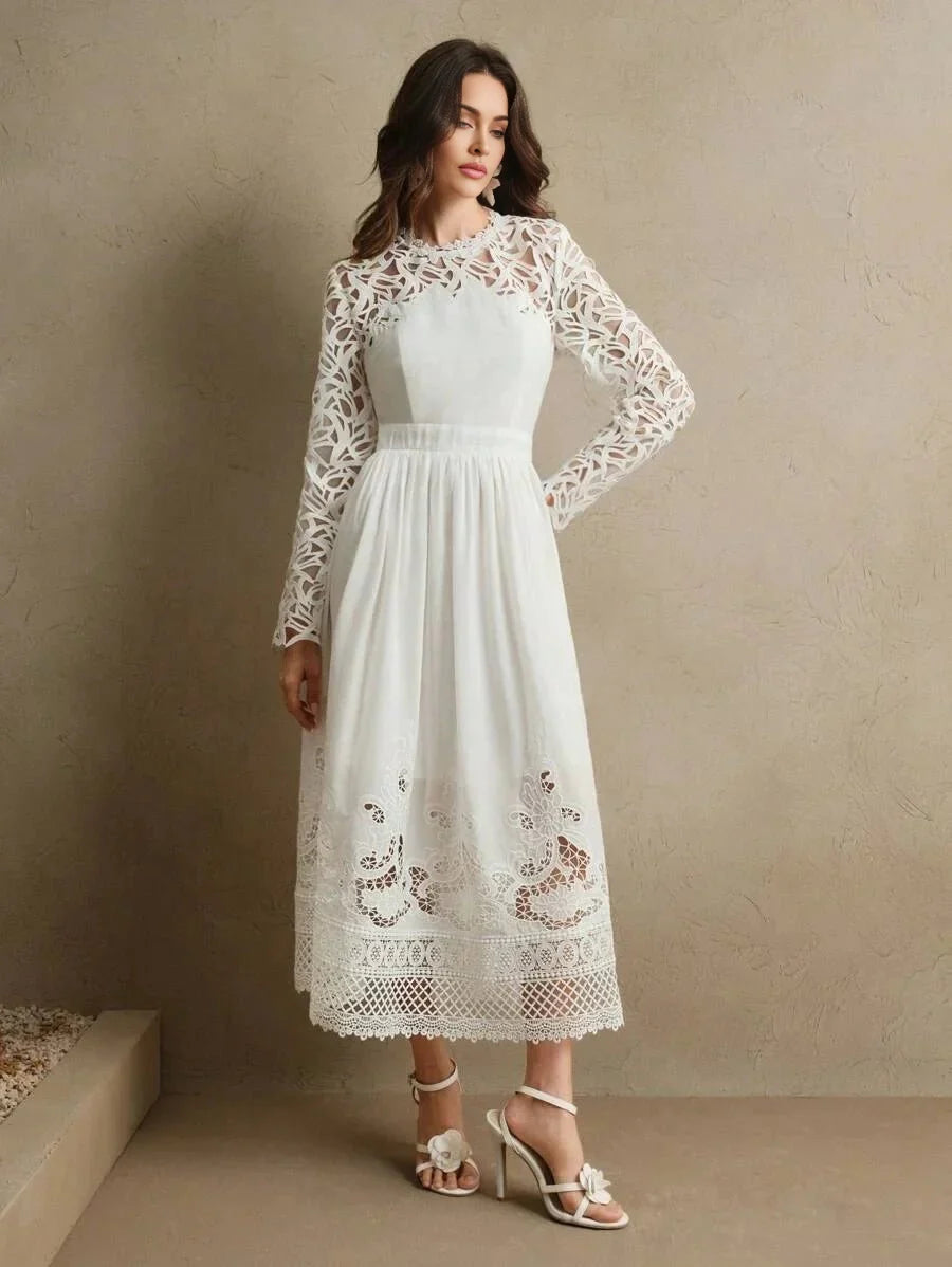 Lauretta Midi Dress - Round Neck - Formal & Evening - Regular Sleeve - High Waist - A Line