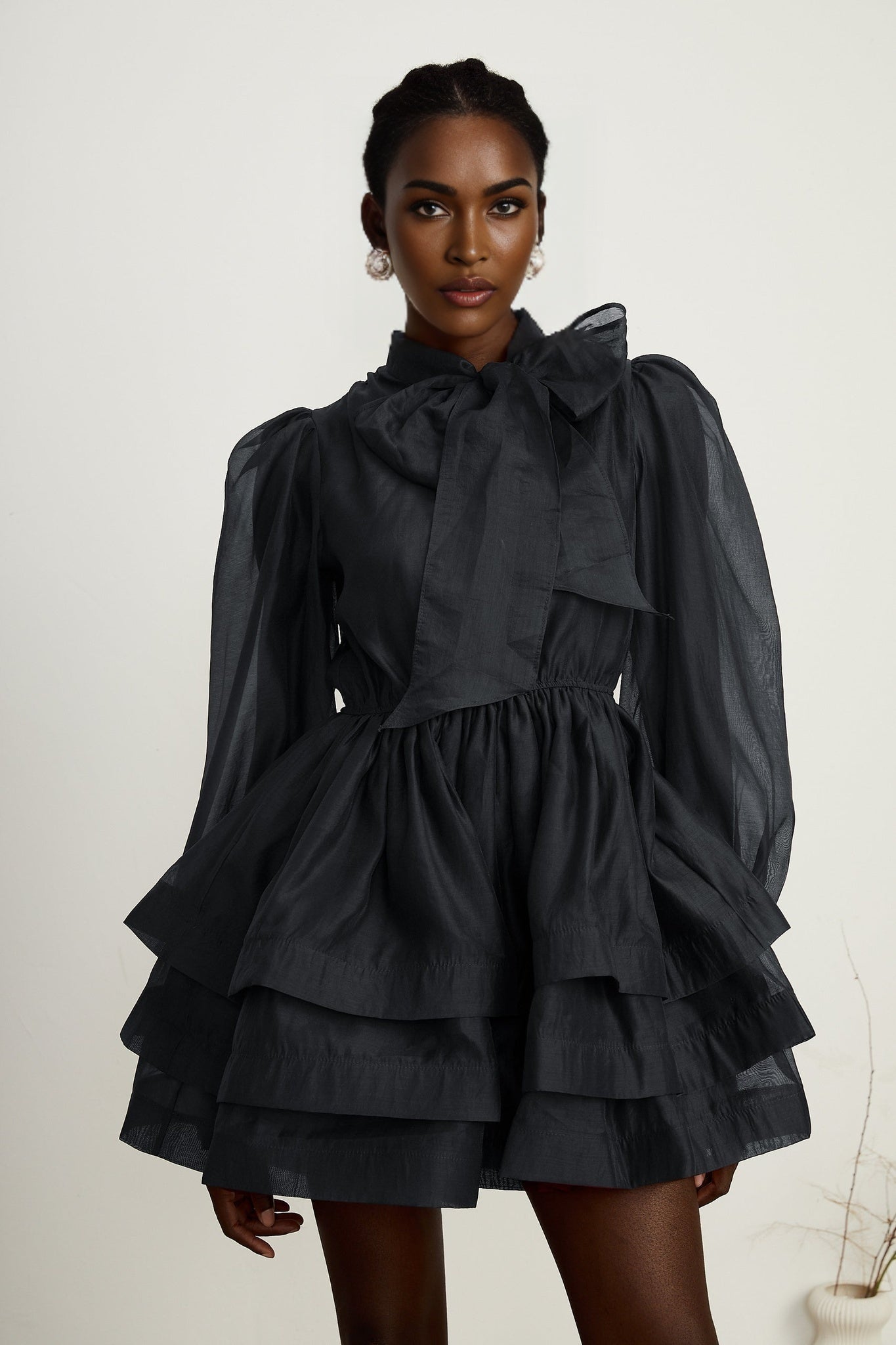 Lauretta Mini Dress Black Tiered Flare & Scarf Collar