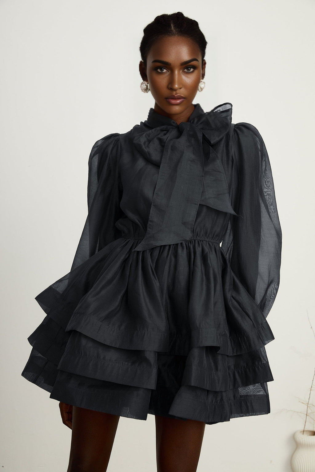 Lauretta Mini Dress Black Tiered Flare & Scarf Collar