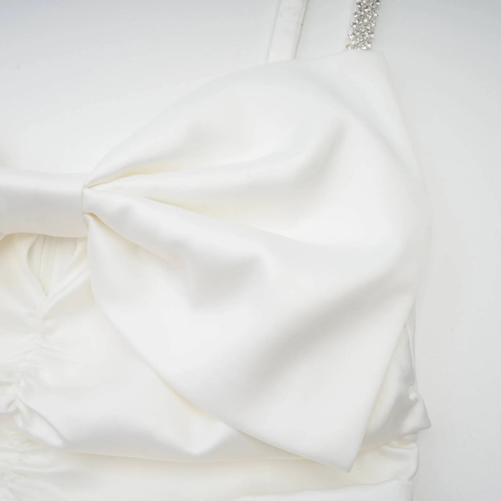 Lauretta Mini Dress Diamond Shoulder Straps Bowknot Embroidered