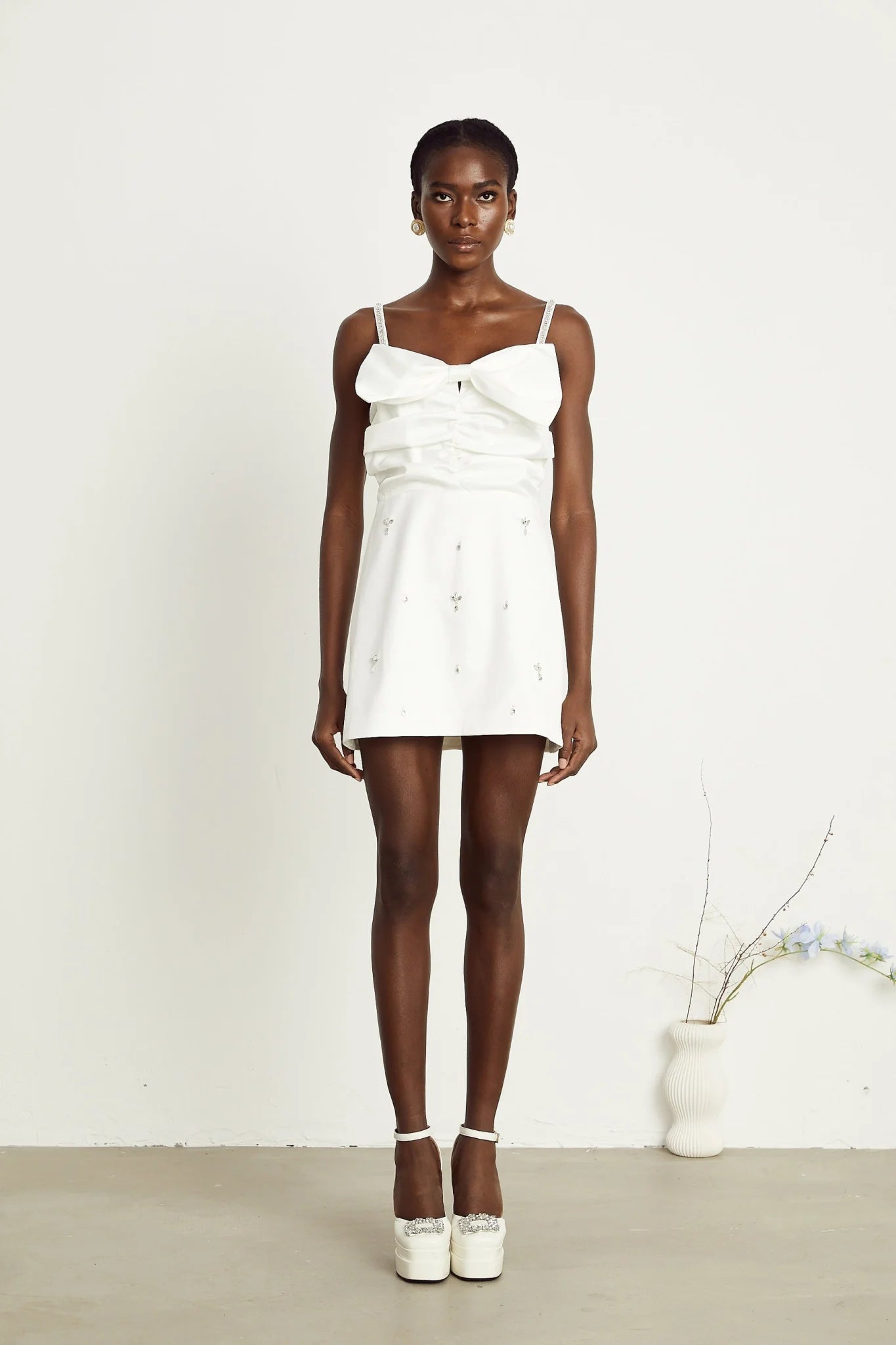 Lauretta Mini Dress Diamond Shoulder Straps Bowknot Embroidered