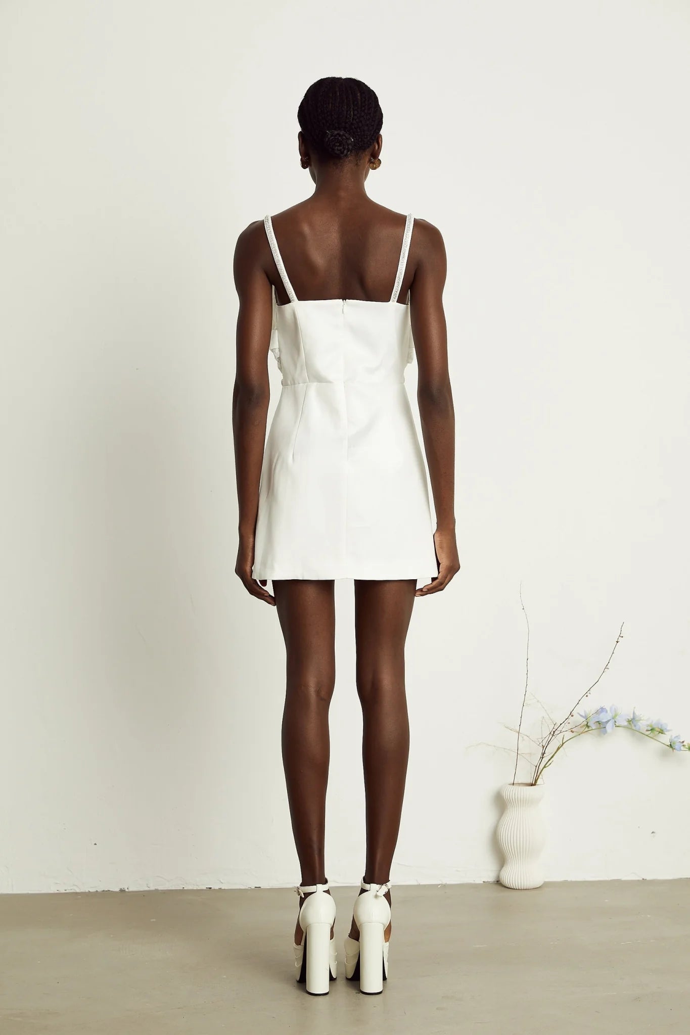 Lauretta Mini Dress Diamond Shoulder Straps Bowknot Embroidered