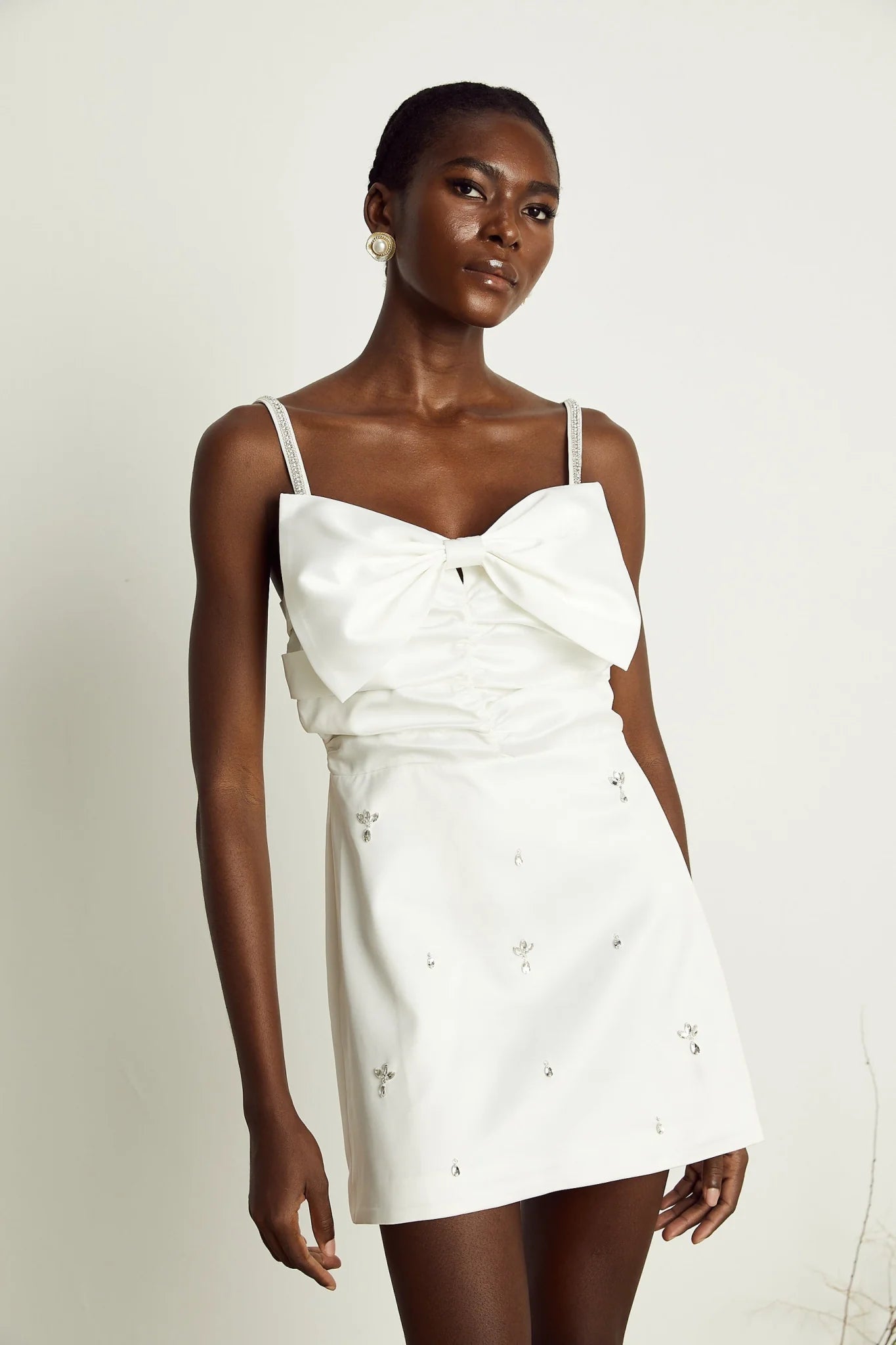 Lauretta Mini Dress Diamond Shoulder Straps Bowknot Embroidered