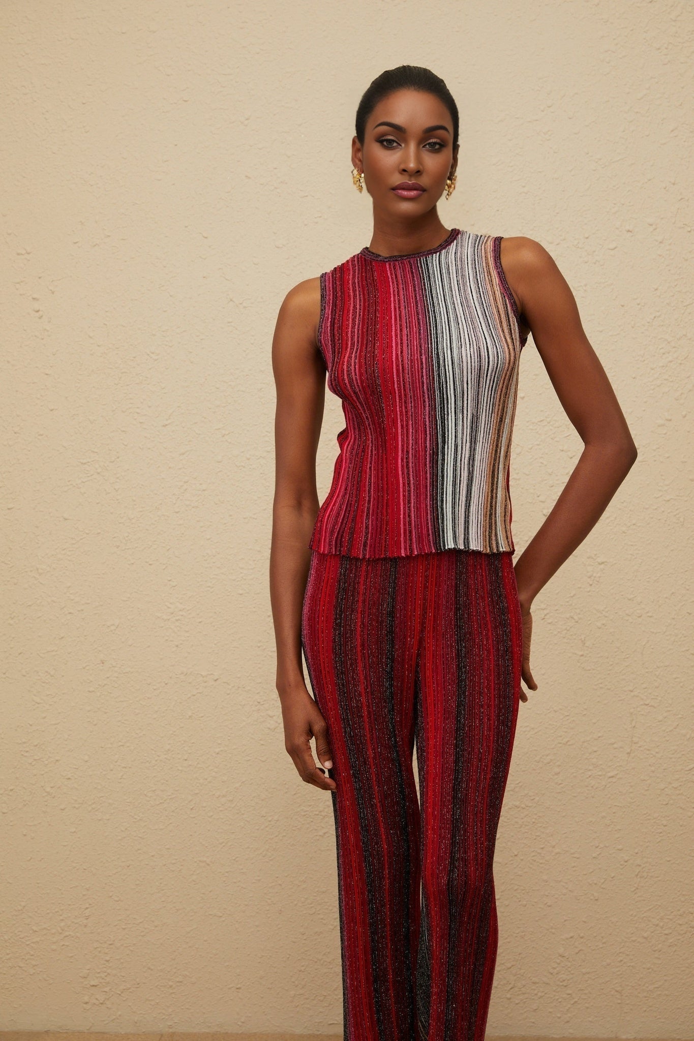 Lauretta Top & Trousers Set - Metallic Threading - Glitter Detailing - Knitted Construction - Fully Pleated