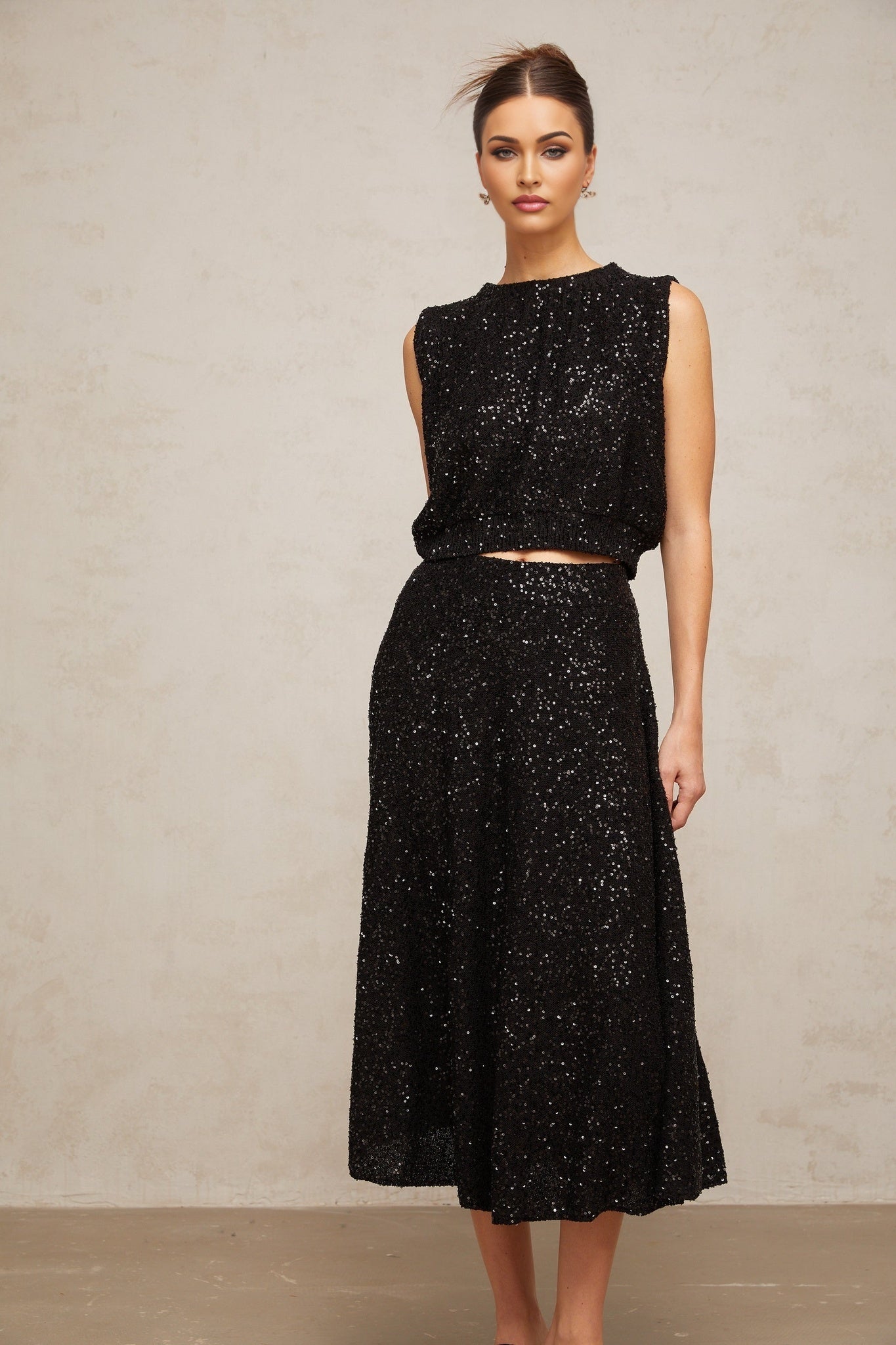 Lauretta Vest & Skirt Sequined Black Knit & Flared