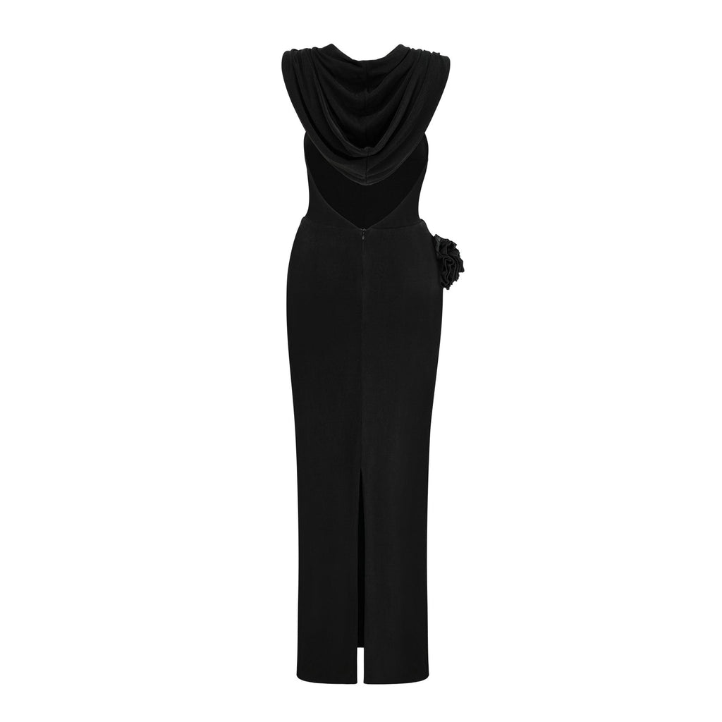 Lavinia Black Floral Maxi Dress with Halterneck and Slouchy Hood