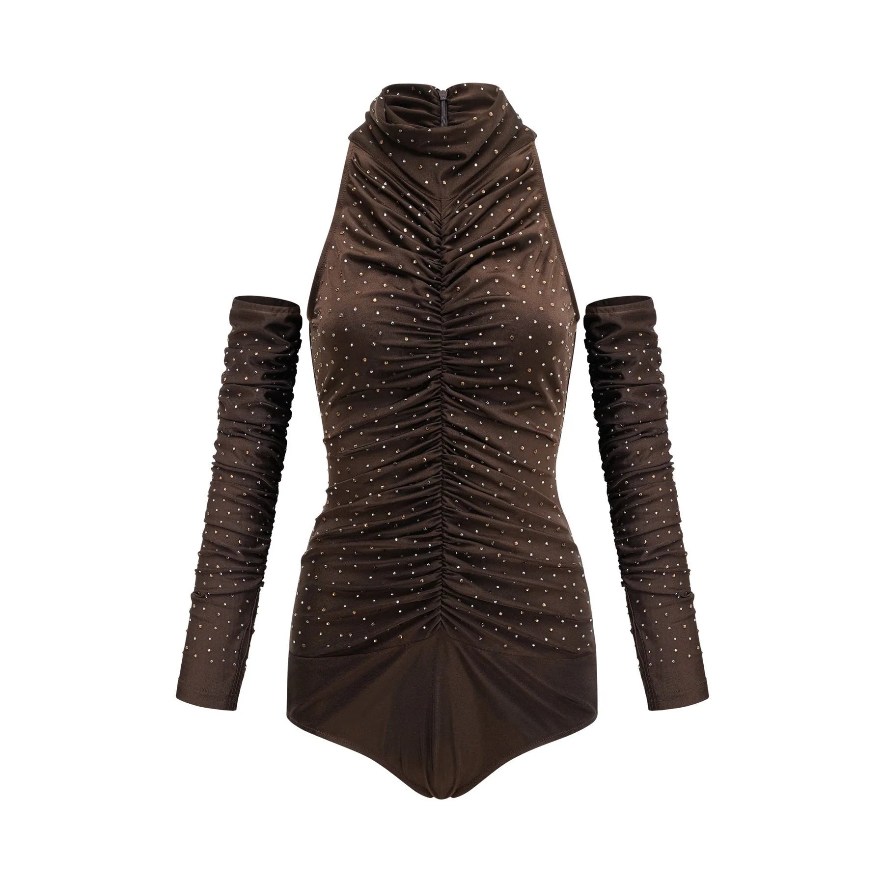 Lavinia Bodysuit Brown Crystal Embellished Detachable Sleeves